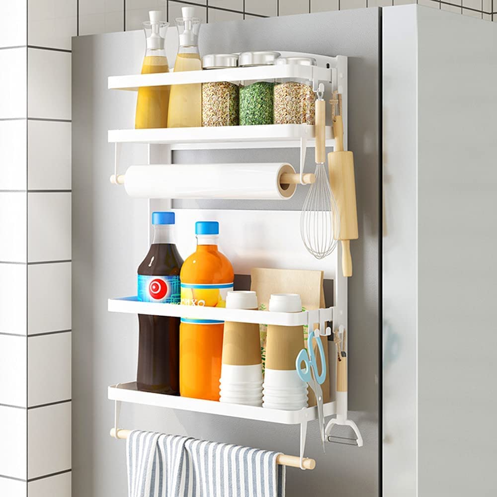 2-Tier Magnetic Spice Rack & Paper Towel Holder - White Large Refrigerator Organizer for Kitchen Storage | Space-Saving Spice Shelf for Pantry, Cabinets & Countertops