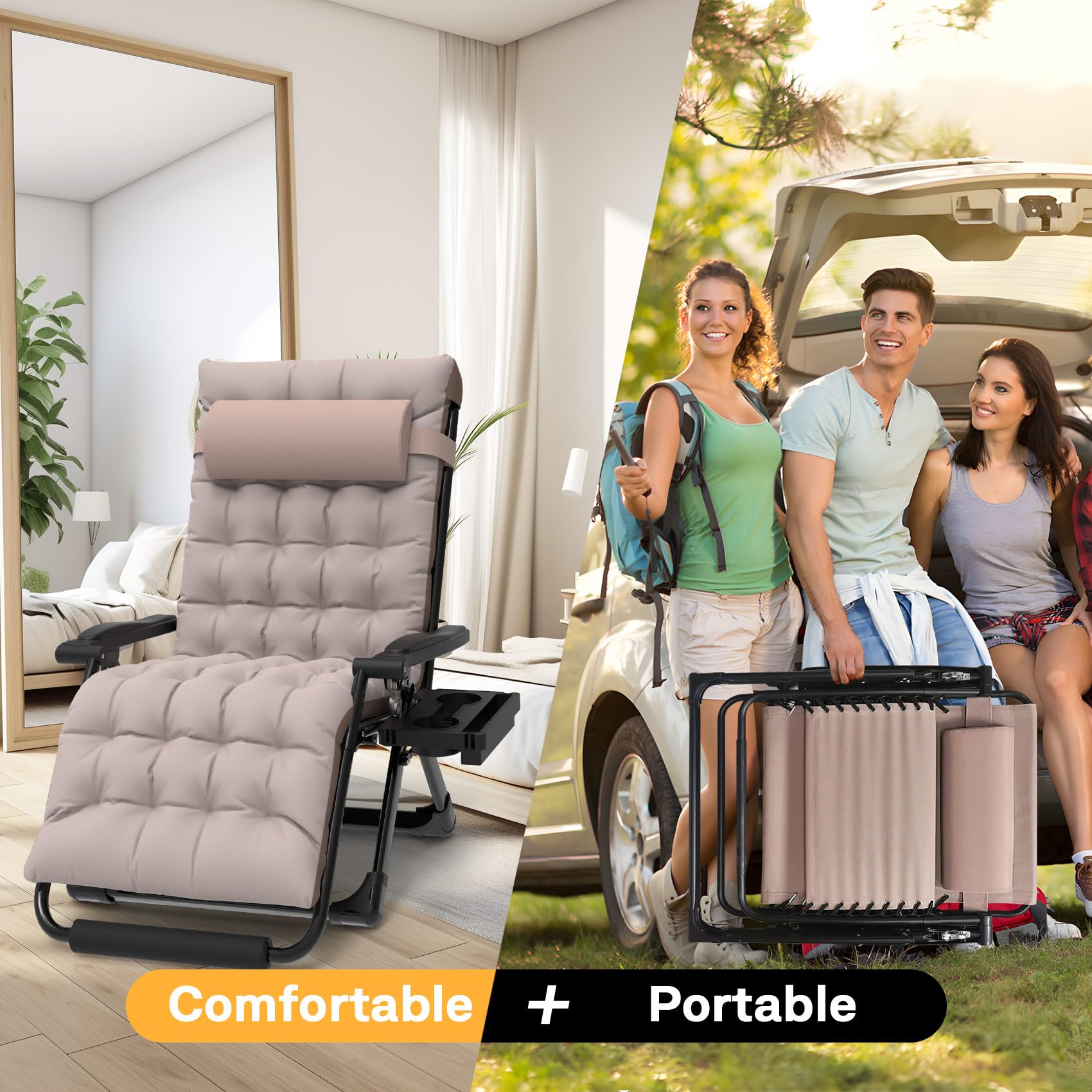 Slendor Oversized Zero Gravity Chair XXL - 33In Padded Reclining Lounge Chair with Headrest & Cup Holder, Heavy Duty 500lbs Capacity, Aluminum Alloy Lock, Foldable Patio Furniture for Outdoor Relaxation - Perfect for Backyard, Poolside, Camping & Beach (Beige)