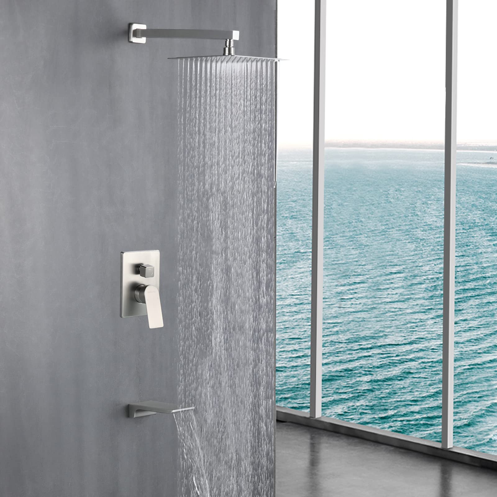 Brushed Nickel Wall Mounted Shower Faucet Set with Waterfall Tub Spout - Complete Shower Trim Kit & Rough-In Valve (Model 33010BN) for Bathroom Remodel & Luxury Spa Experience
