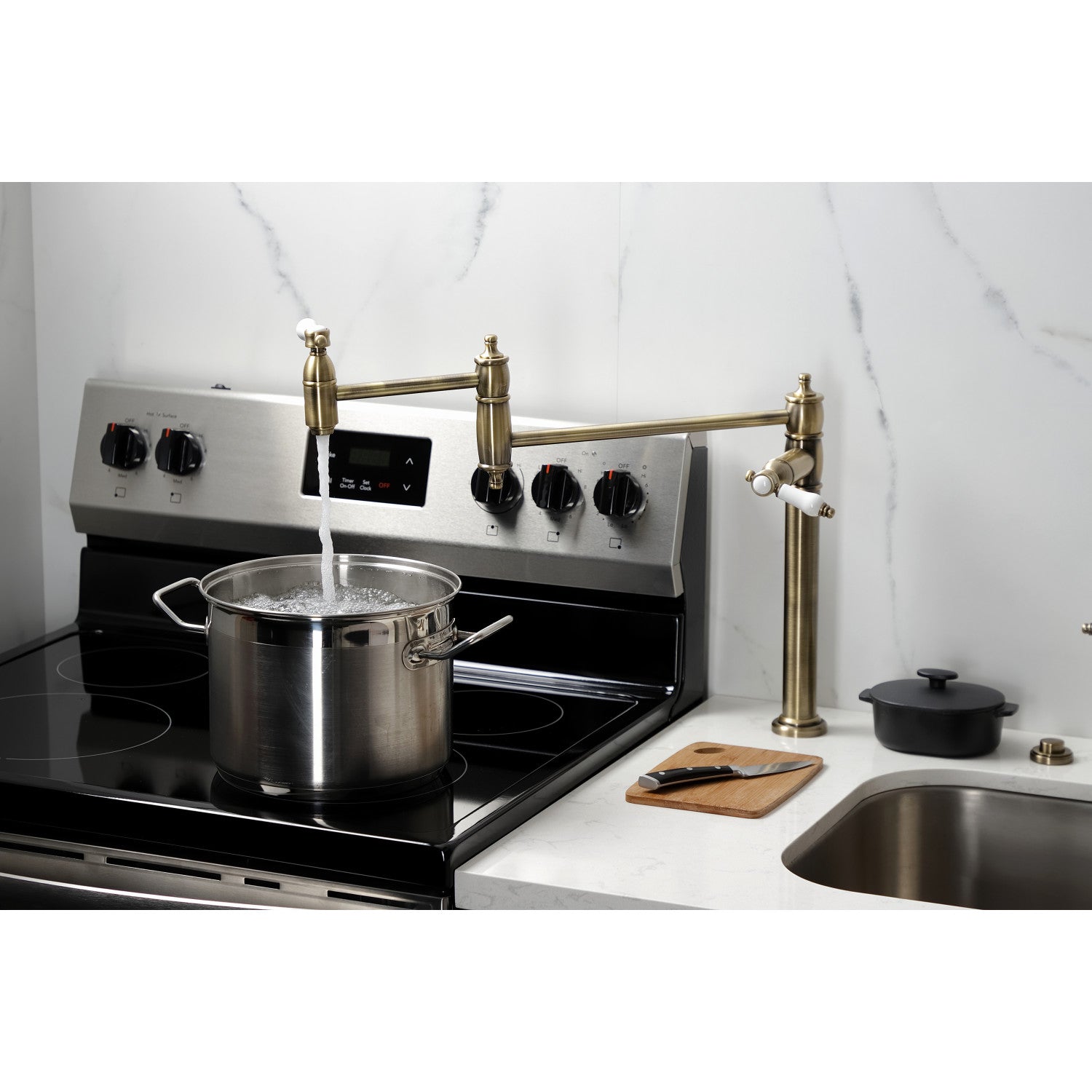 Bel Air KS3703BPL Single Hole Deck Mount Pot Filler Faucet in Antique Brass - Perfect for Kitchen Sink, Stove & Cooking Area