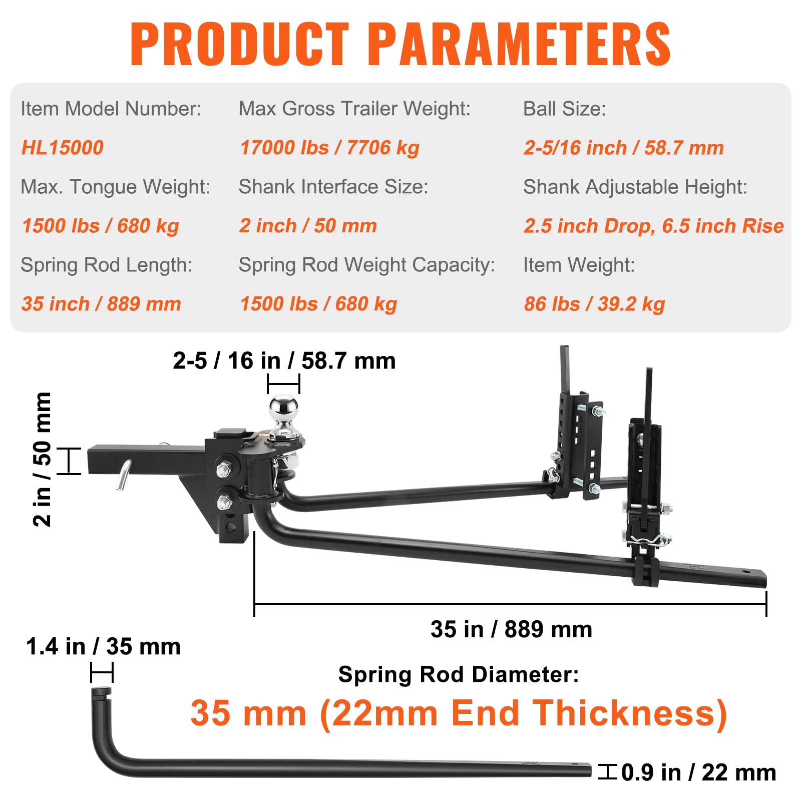 VEVOR Weight Distribution Hitch Kit - 1,500 lbs Capacity with Sway Control for Trailers - 2-in Solid Steel Shank & 2-5/16