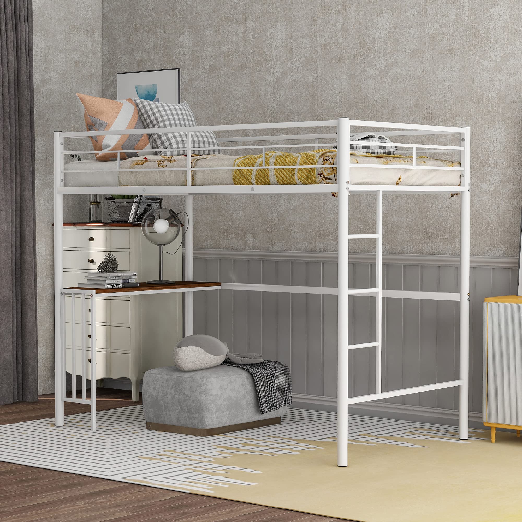 Merax Twin Size Metal Loft Bed with Built-in Desk, Ladder & Safety Guardrail - Space-Saving Study & Sleep Solution for Kids & Teens Bedroom (White) - Perfect for Small Rooms, Dorms & Apartments