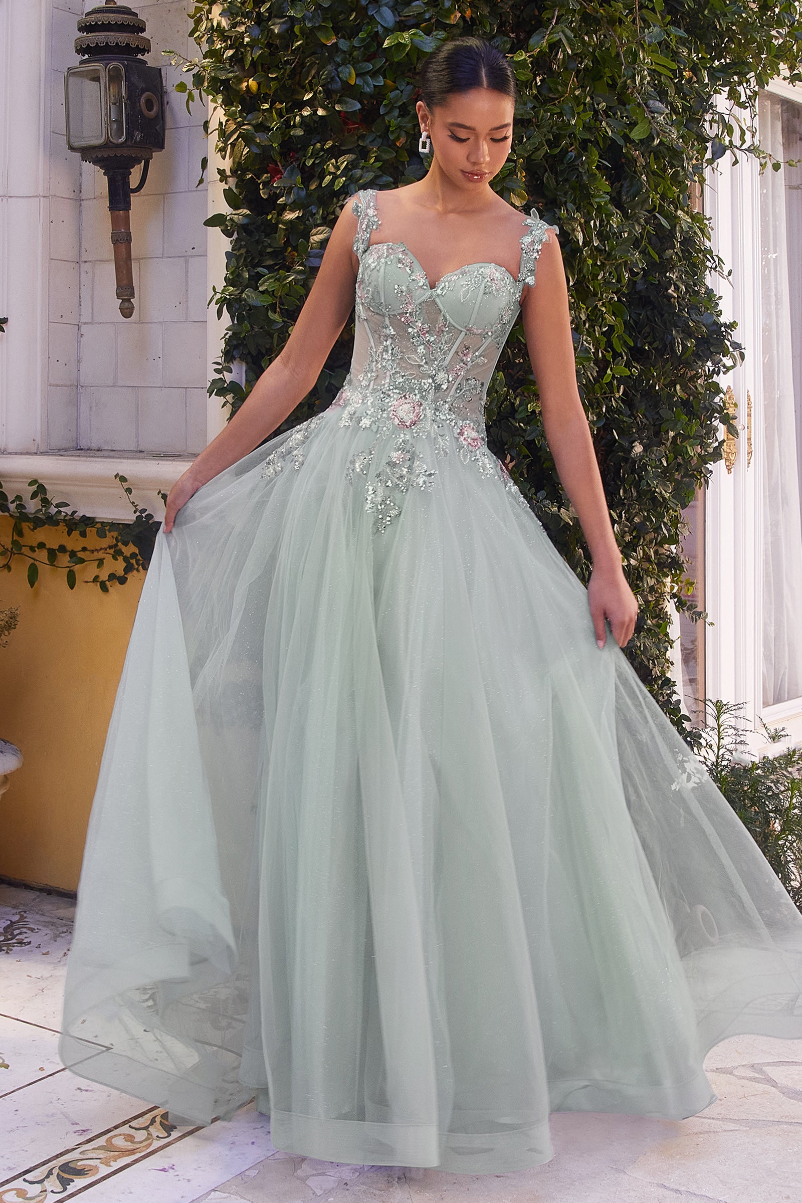 Andrea & Leo A1258 Floral Embellished Sparkling Tulle Gown - Elegant Evening Dress for Prom, Wedding & Special Occasions