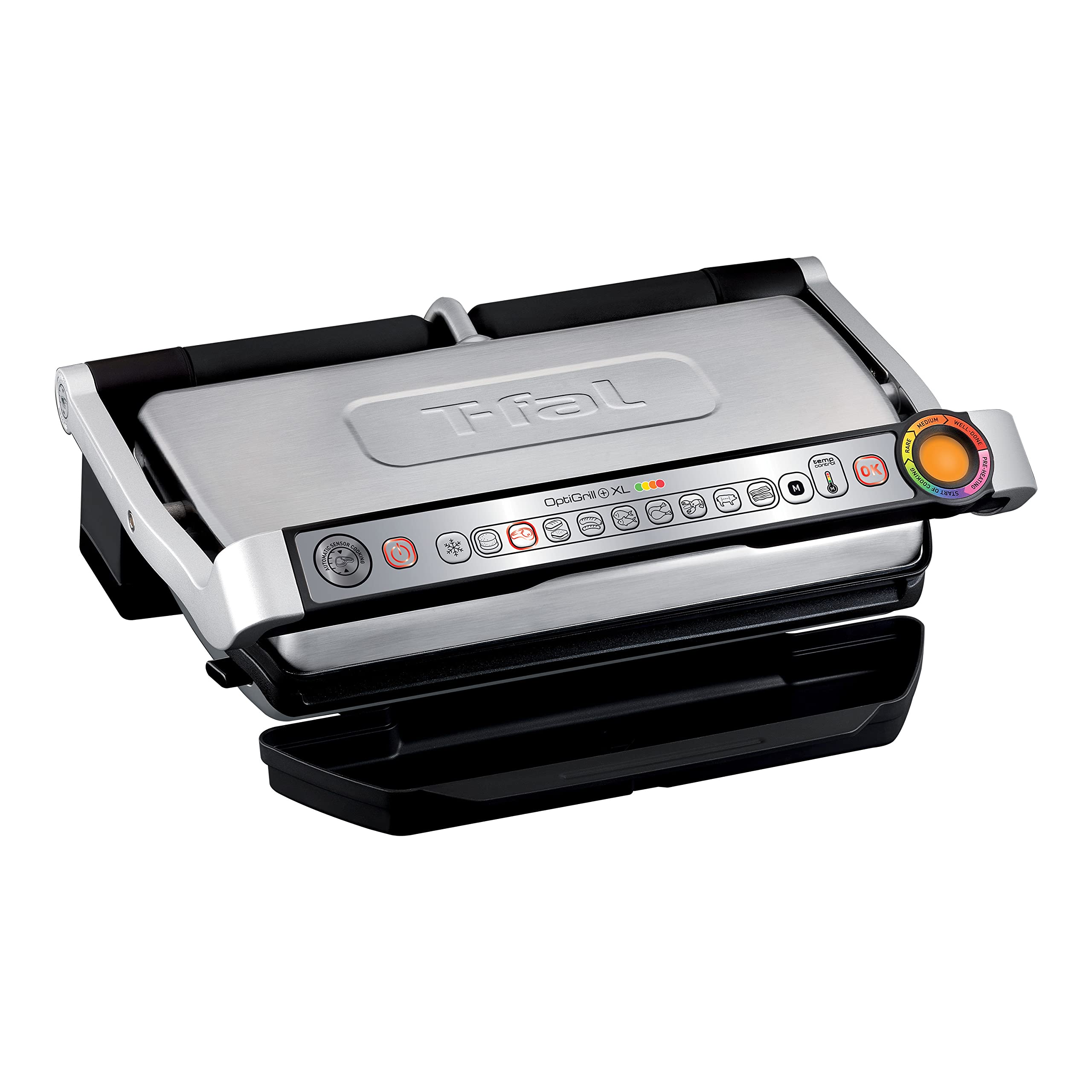 T-Fal OptiGrill XL Stainless Steel Electric Indoor Grill - 1800W, 6 Servings, 9 Smart Cooking Modes, Nonstick Removable Plates (Dishwasher Safe) - Perfect for Grilling Steaks, Burgers, Chicken & Frozen Foods at Home