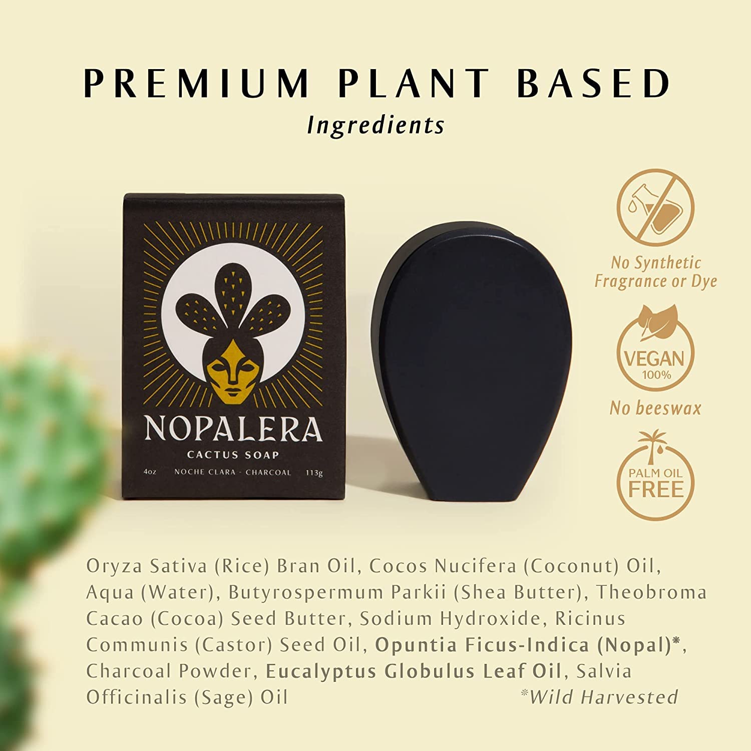 Nopalera Charcoal Bar Soap with Sage & Eucalyptus Essential Oils - Natural Vegan Body & Face Cleanser for Moisturizing & Exfoliating, 4 oz | Deep Cleansing for Acne-Prone Skin & Daily Detox