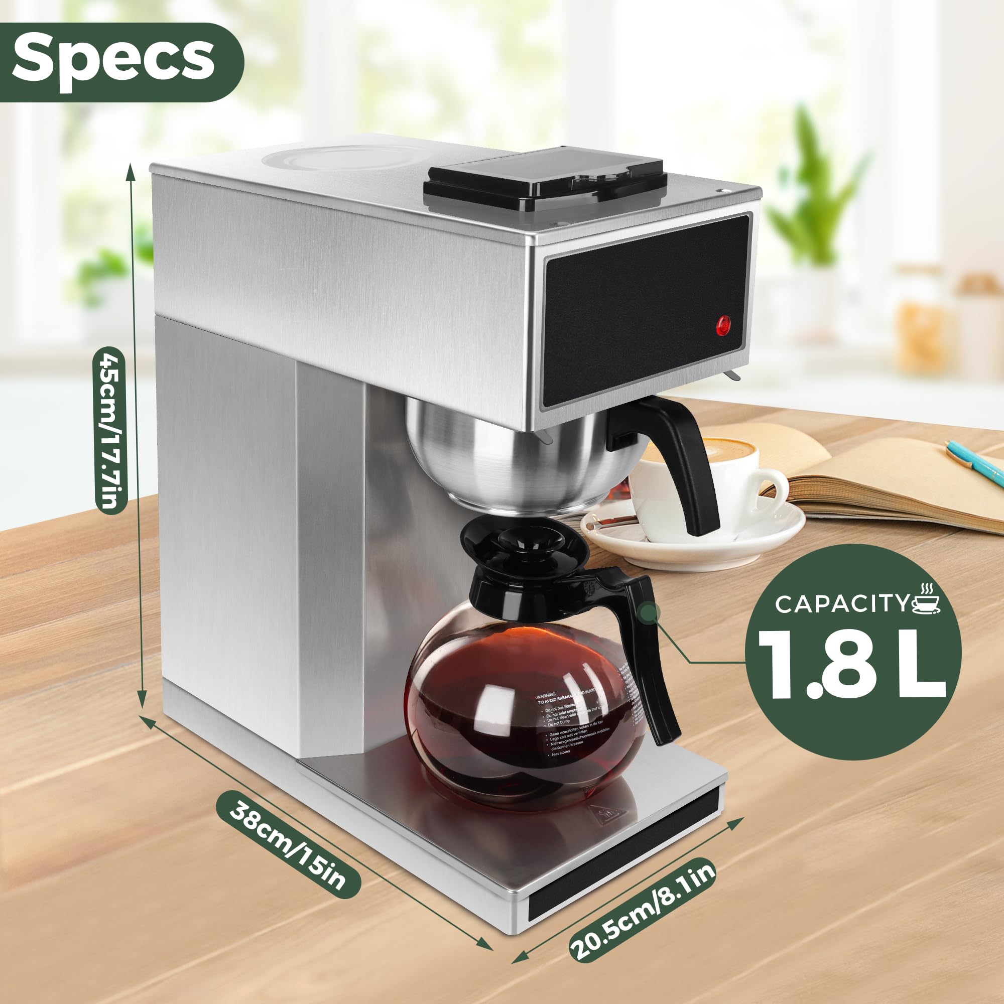 YUANHAO 12-Cup Commercial Coffee Maker with Glass Carafe & Warmer - 120V Pourover Brewer for Restaurants, Offices & Home Use - Perfect for Fresh Brewed Coffee All Day