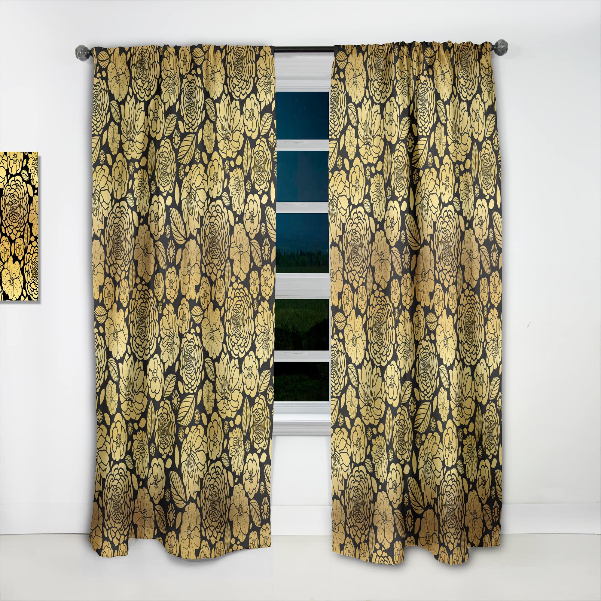 DesignQ 'Golden Floral II' Thermal Insulated Curtains - 52x120 Inch Single Panel for Bedroom & Living Room - Elegant Home Decor for Temperature Control & Privacy