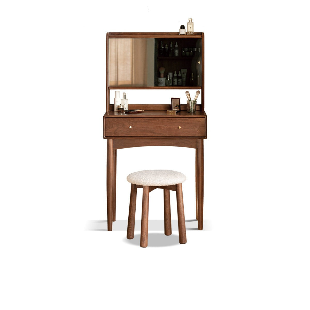 Solid Black Walnut Wood Mirror Dressing Table with Storage | Makeup Vanity Desk for Bedroom | Elegant Bedroom Furniture & Cosmetics Organizer