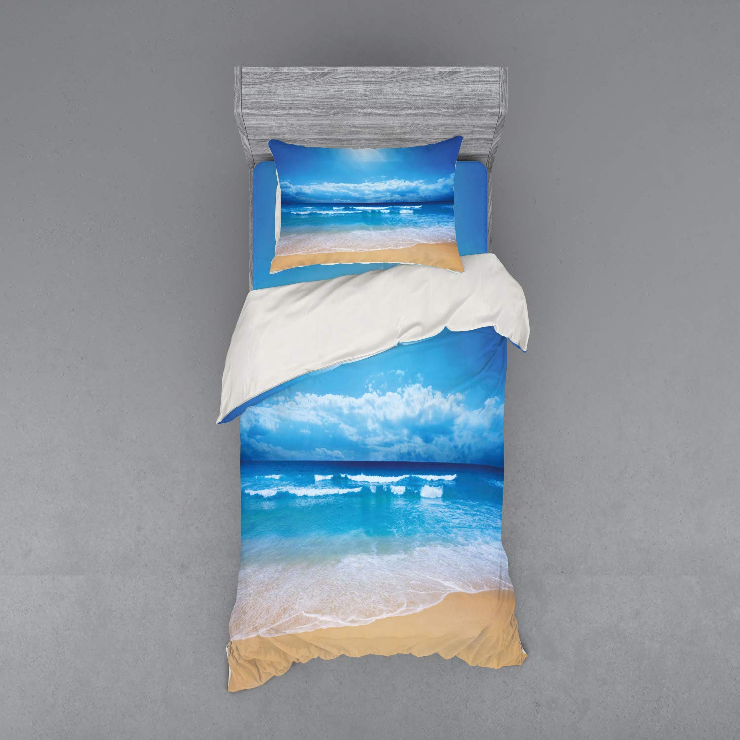 Ambesonne 3-Piece Beach Themed Duvet Cover Set - Twin Size Seascape Digital Print with Cloudy Sky Design, Includes Duvet Cover & Pillow Sham (Sand Brown Blue) - Perfect for Summer Bedrooms, Coastal Decor & Vacation Home Styling
