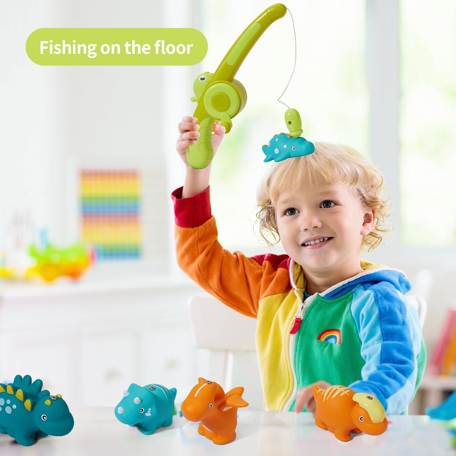 Magnetic Fishing Bath Toys for Toddlers 1-4 Years Old - 8PCS Soft Rubber Dinosaur Water Table Toys with Fishing Rod for Pool, Bathtub & Outdoor Play - Fun Learning Game for Boys & Girls Ages 1 2 3 4
