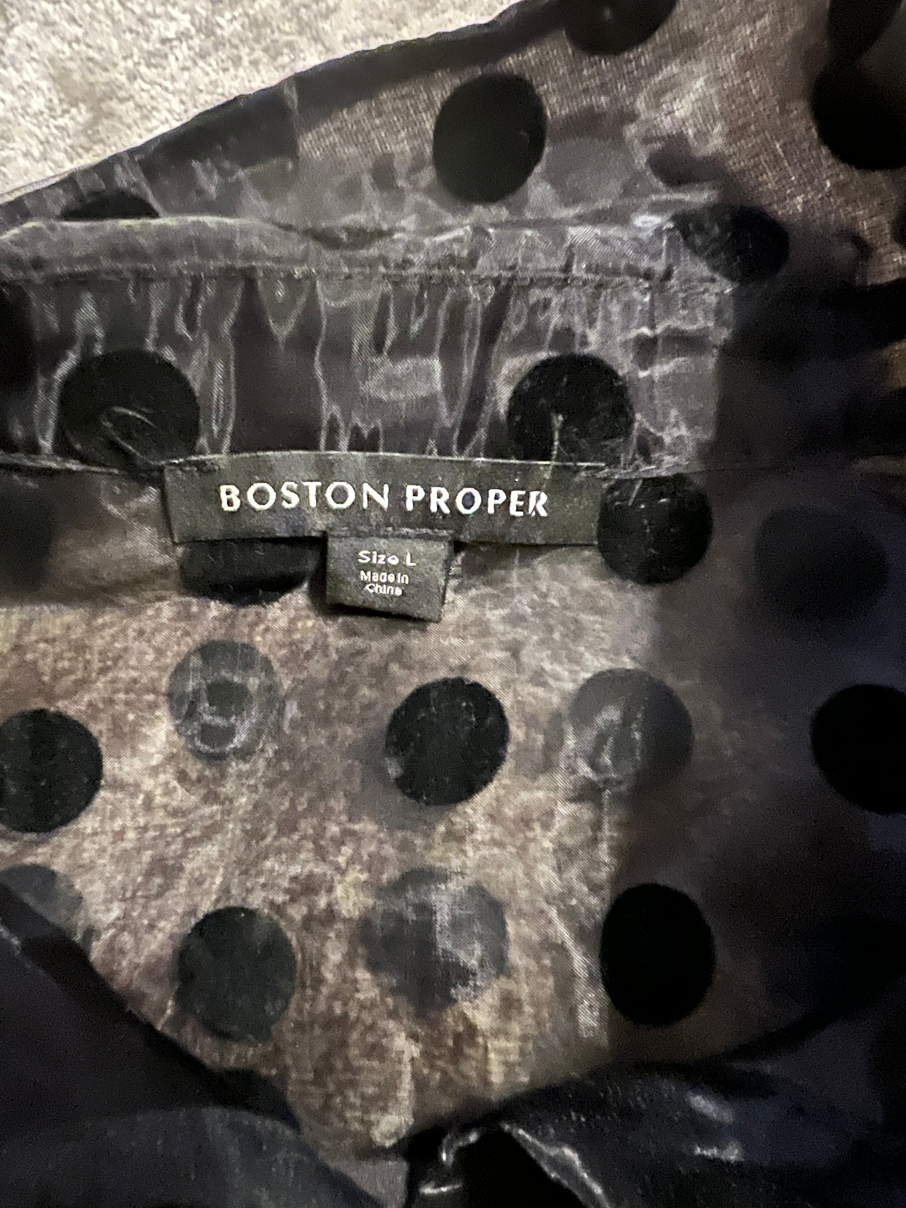 Boston Proper Women's Size L Black Sheer Polka Dot Blouse - Elegant Office Wear & Evening Party Top