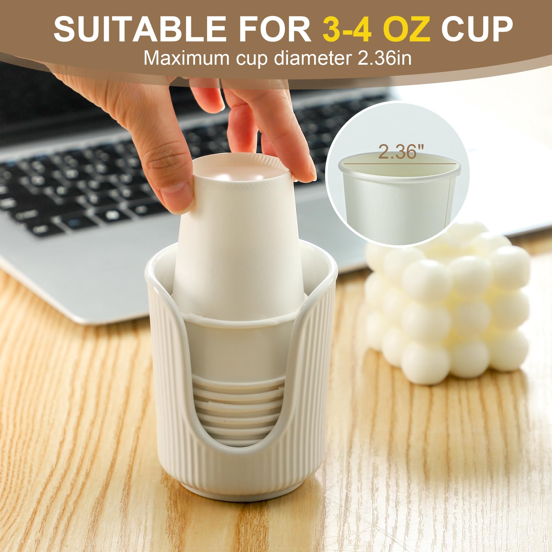 Stylish White Ceramic Bathroom Cup Dispenser with Vertical Stripes - Holds 3-4oz Disposable Paper Cups for Mouthwash & Rinsing - Perfect for Vanity Countertops, Guest Bathrooms & Dental Offices