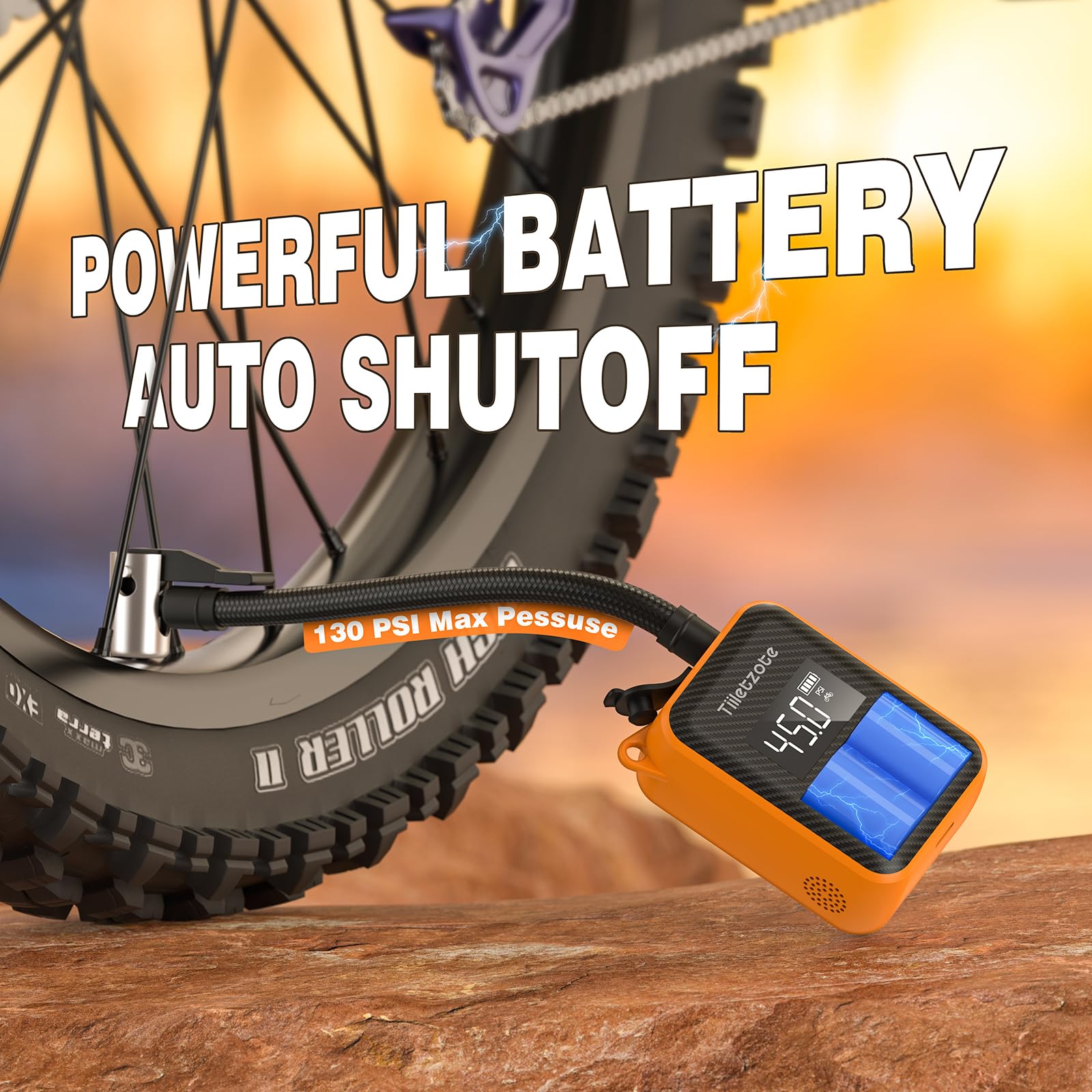130 PSI Electric Mini Bike Pump - Portable Rechargeable Bicycle Tire Inflator with Pressure Gauge & Auto-Shutoff - Compatible with Presta & Schrader Valves - Perfect for Mountain, City & Road Bikes - Great for Emergency Repairs, Commuting & Outdoor Adventures