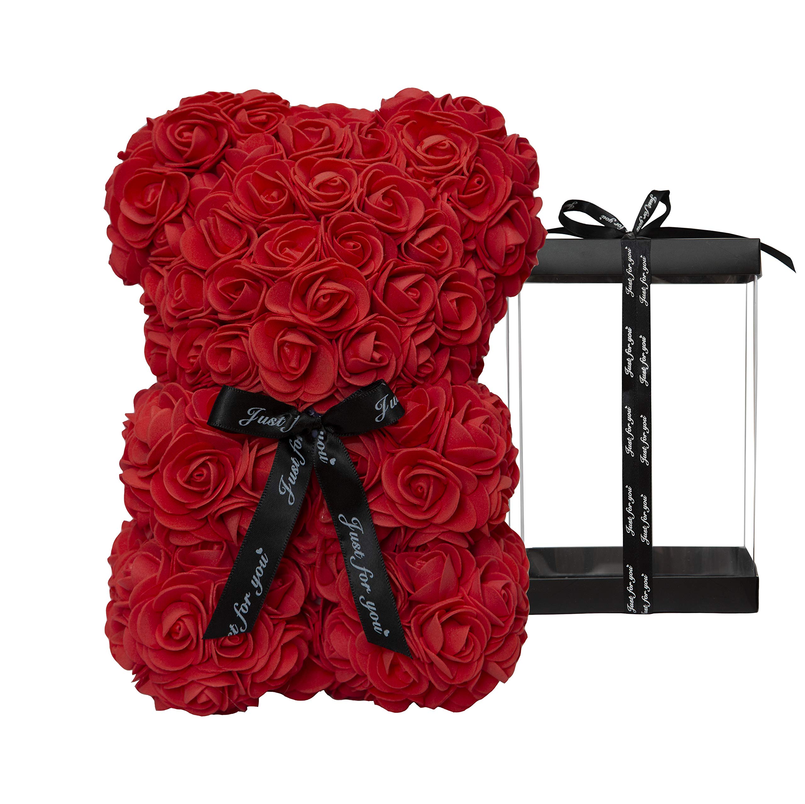 DuHouse 10 Inch Handmade Rose Teddy Bear Flower Gift - Valentine's Day, Anniversary, Christmas, Birthday, Bridal Shower Present in Elegant Black Box (Red Roses) | Perfect for Romantic Surprises & Special Occasions