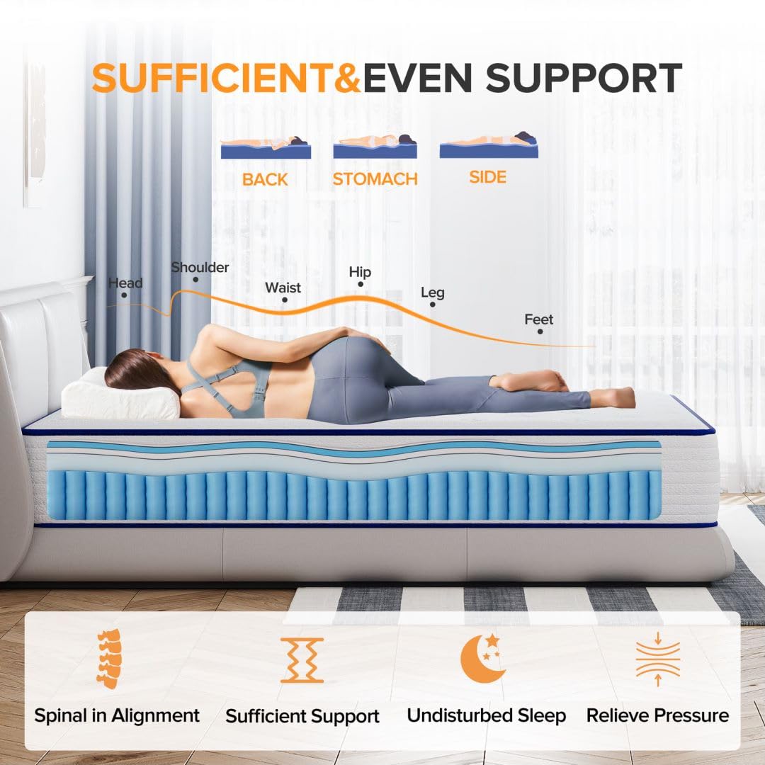 TXO 10 Inch Hybrid Queen Mattress - Medium Firm with Pocketed Springs & Gel Memory Foam for Edge Support, Motion Isolation & Pressure Relief - Bed in a Box for Back Pain Relief & Cool Sleep - Perfect for Master Bedrooms, Guest Rooms & Apartments
