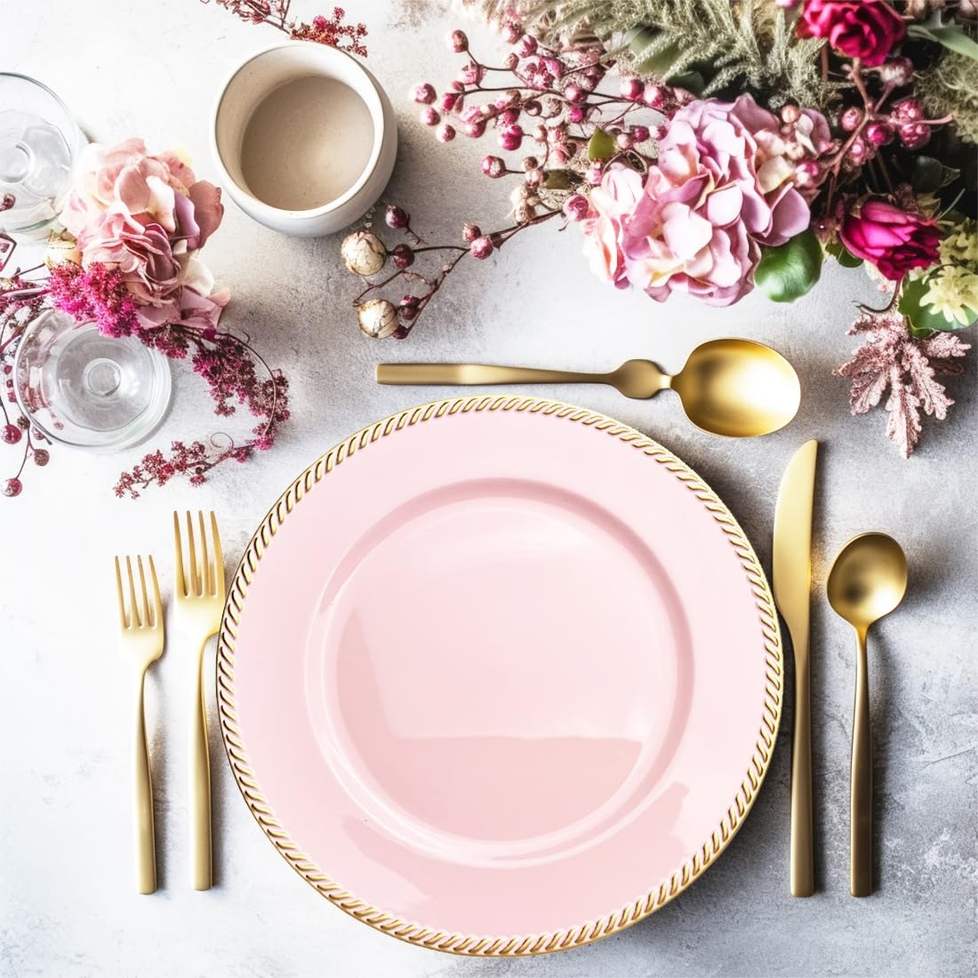 12-Pack 13 Inch Pink Plastic Charger Plates - Elegant Round Dinner Plates for Wedding, Party, and Event Decor - Perfect for Table Settings, Buffets, and Special Occasions