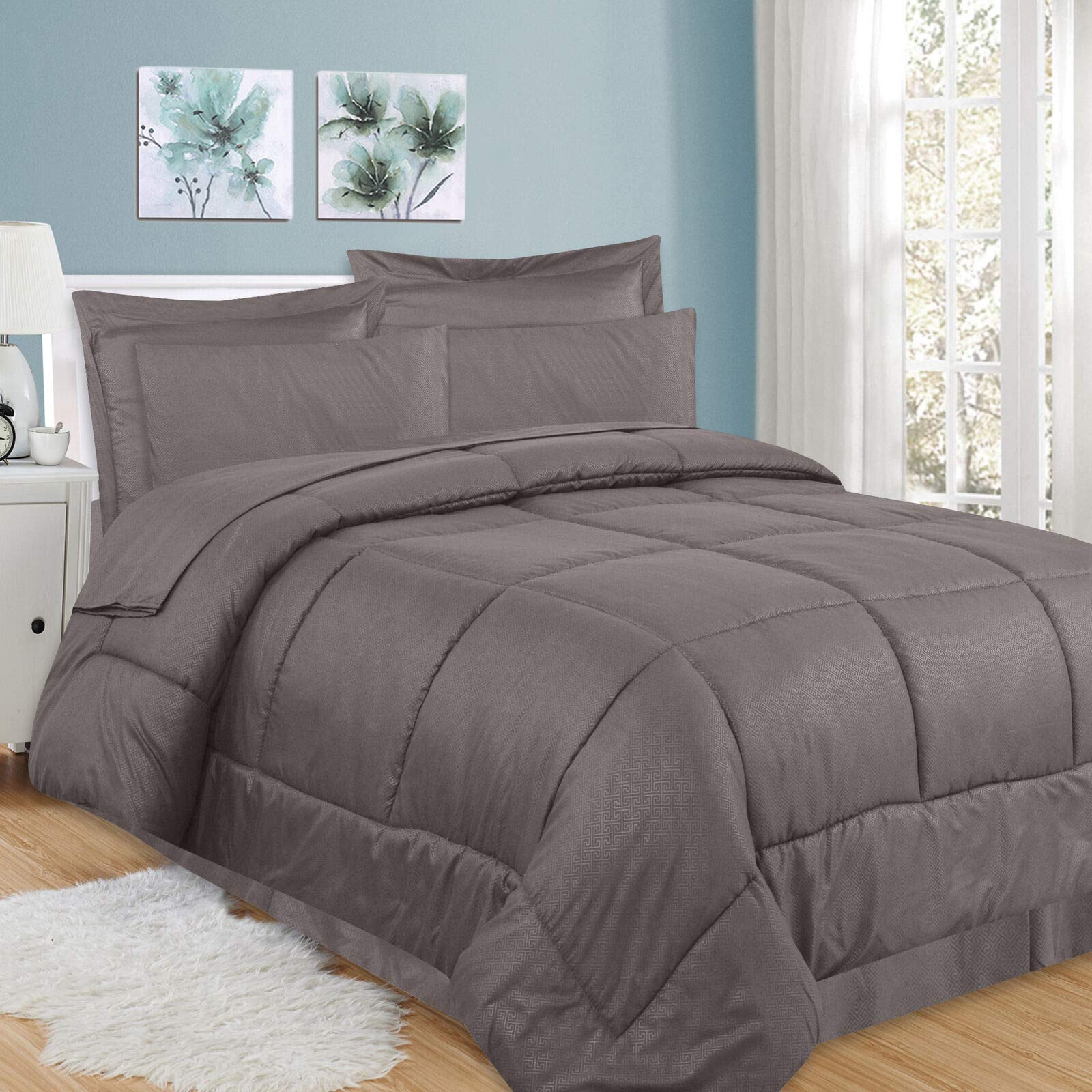 Gray King 8-Piece Bed in a Bag Set - Greek Key Comforter, Sheets & Bed Skirt - Luxury Bedding Collection for Master Bedroom, Guest Room & Dorm Decor