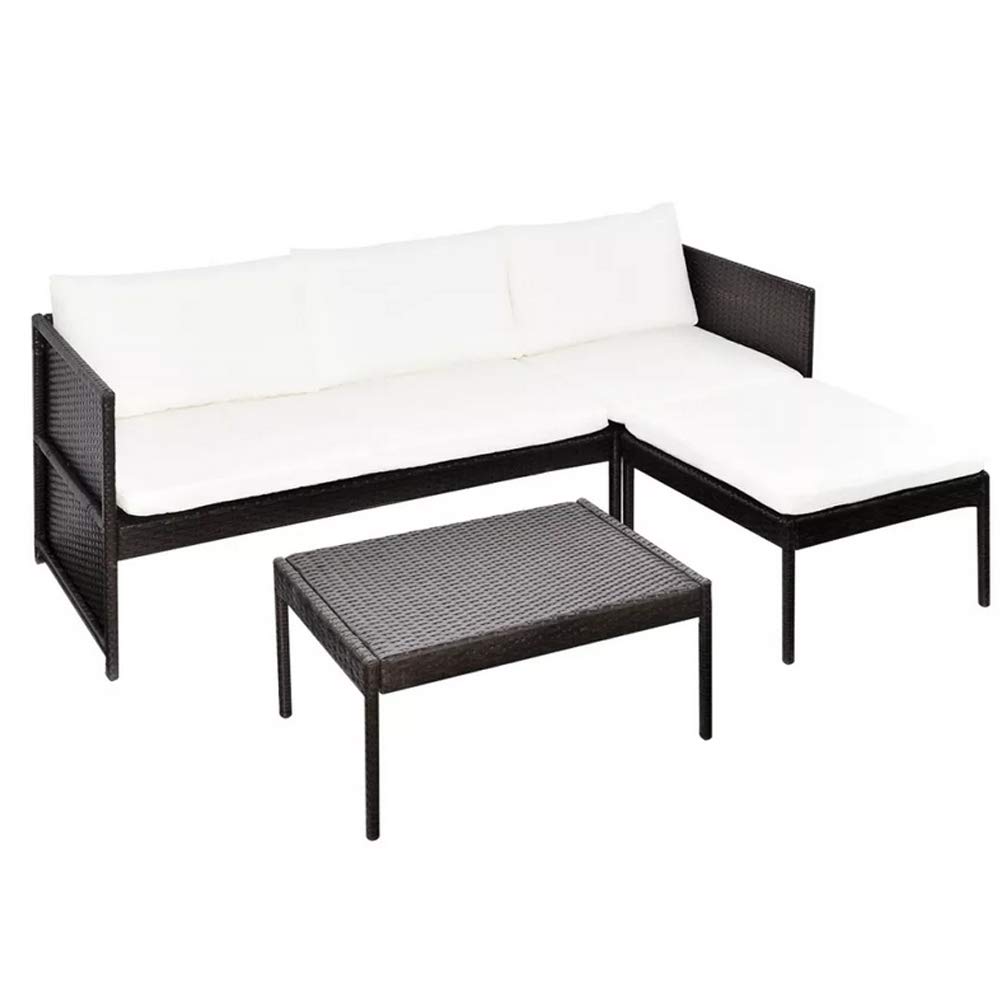 3-Piece Brown Poly Rattan Outdoor Garden Lounge Set with Cushions - Patio, Balcony, or Poolside Seating Sofa & Coffee Table Furniture for Relaxing and Entertaining