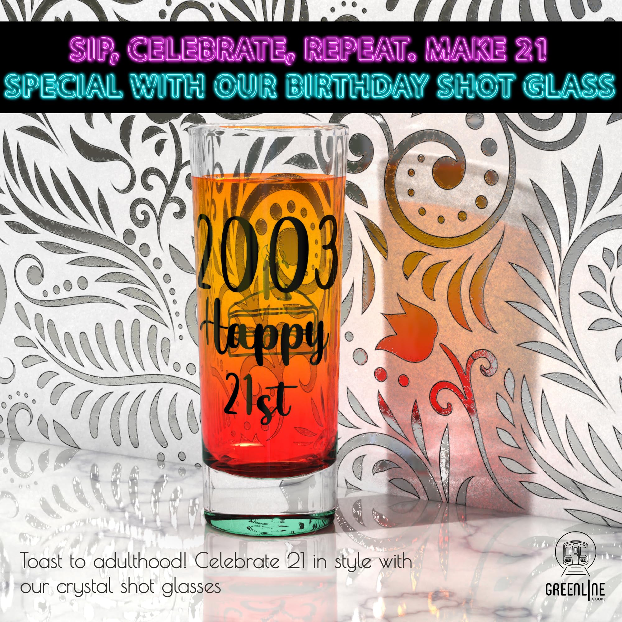 Greenline Goods 21st Birthday Shot Glasses - 2oz Clear Glass Shooter Cups - 2003 Themed Party Supplies for 21 Year Olds - Birthday Barware for Men & Women - Perfect for 21st Birthday Celebrations, College Parties & Adult Milestone Events