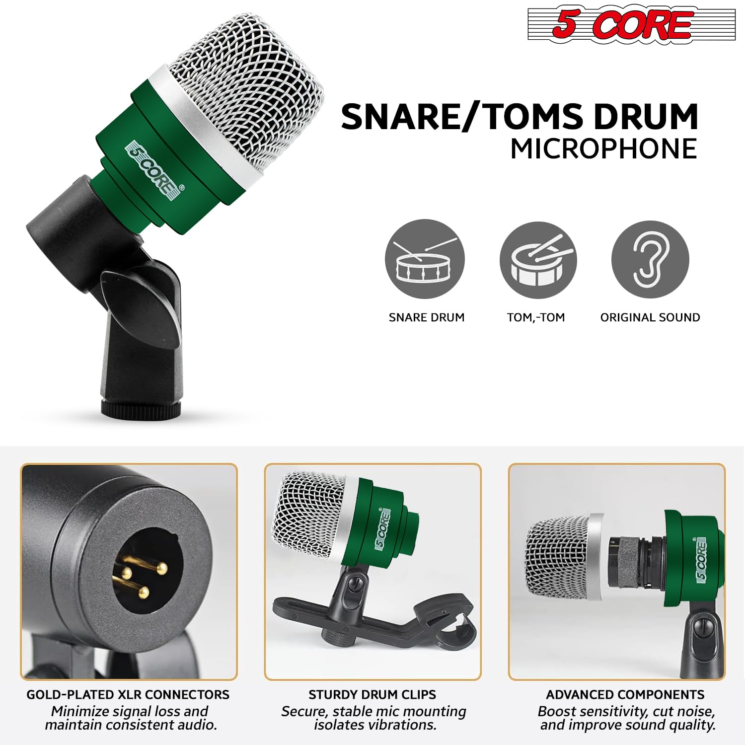5 CORE Professional 7-Piece Drum Microphone Kit - Metal XLR Dynamic Vocal Mic for Kick, Bass, Tom, Snare & Cymbals - Perfect for Live Performances, Studio Recording & Conga Instrument Setup (DM 7ACC, Green)