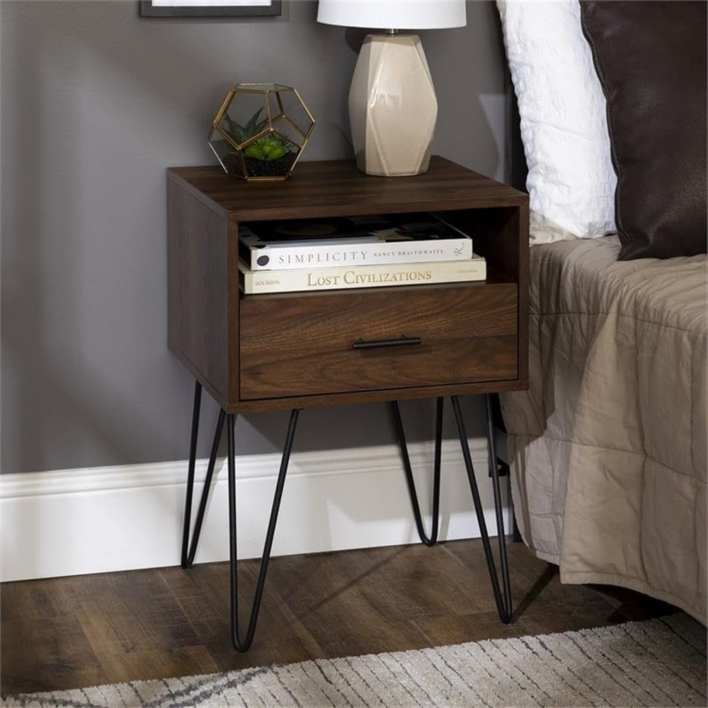 Walker Edison Hadley 2-Piece Mid-Century Modern Metal Hairpin Leg Side Table Set with 1 Drawer - Dark Walnut Finish - Perfect for Living Room, Bedroom or Office (2 Pack)