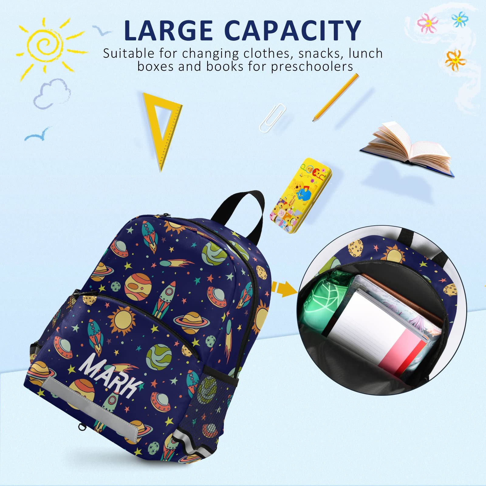 Personalized Space Rocket Planets Kids Backpack with Name/Text - Reflective School Backpack for Toddlers & Preschoolers (Boys & Girls) - Perfect for School, Travel & Daycare Adventures