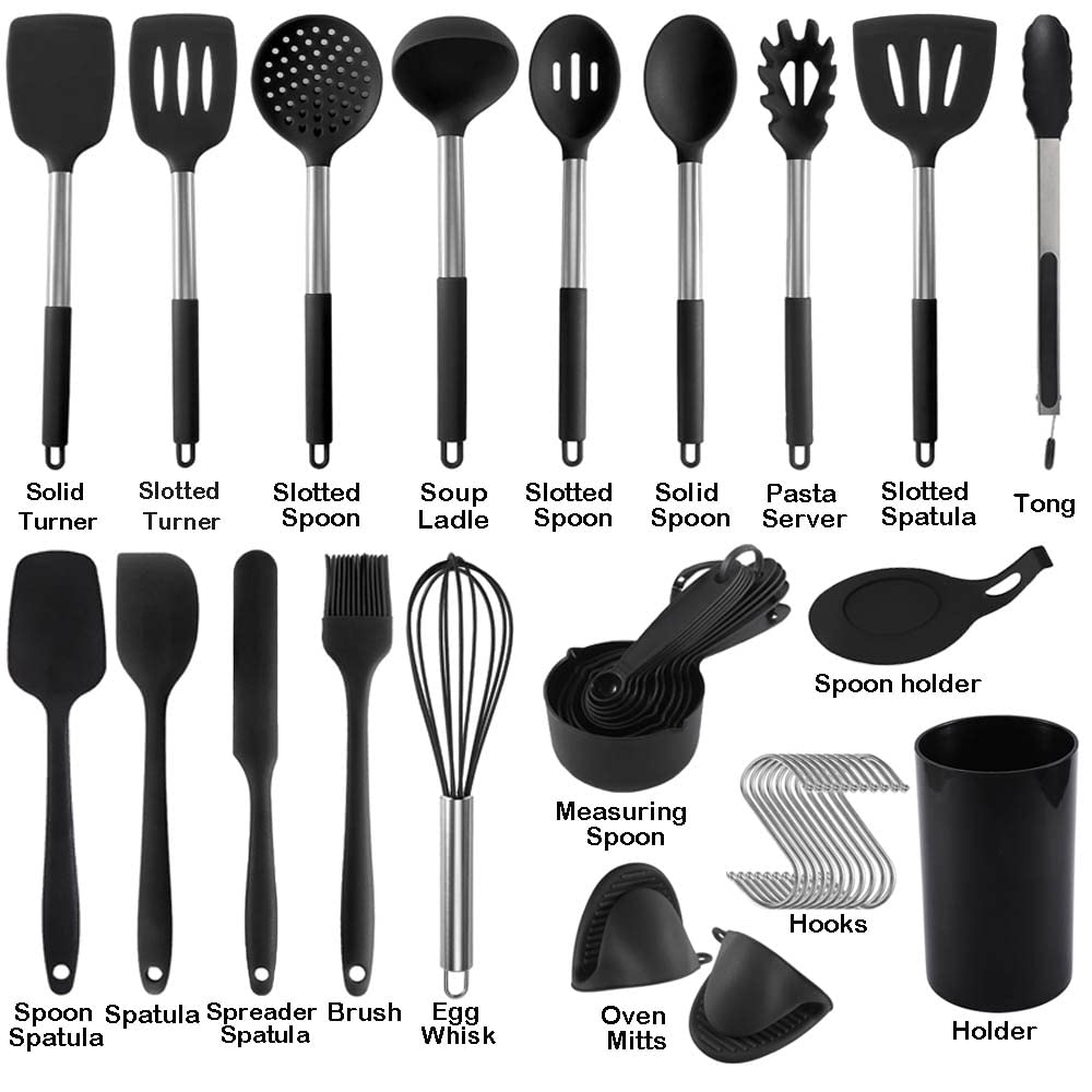 20Pcs Silicone Cooking Utensil Set with Holder - Heat Resistant to 446°F, Stainless Steel Handle Kitchen Tools for Nonstick Cookware - Includes Spatula, Spoon & Whisk - Perfect for Baking, Frying & Everyday Cooking (Black)