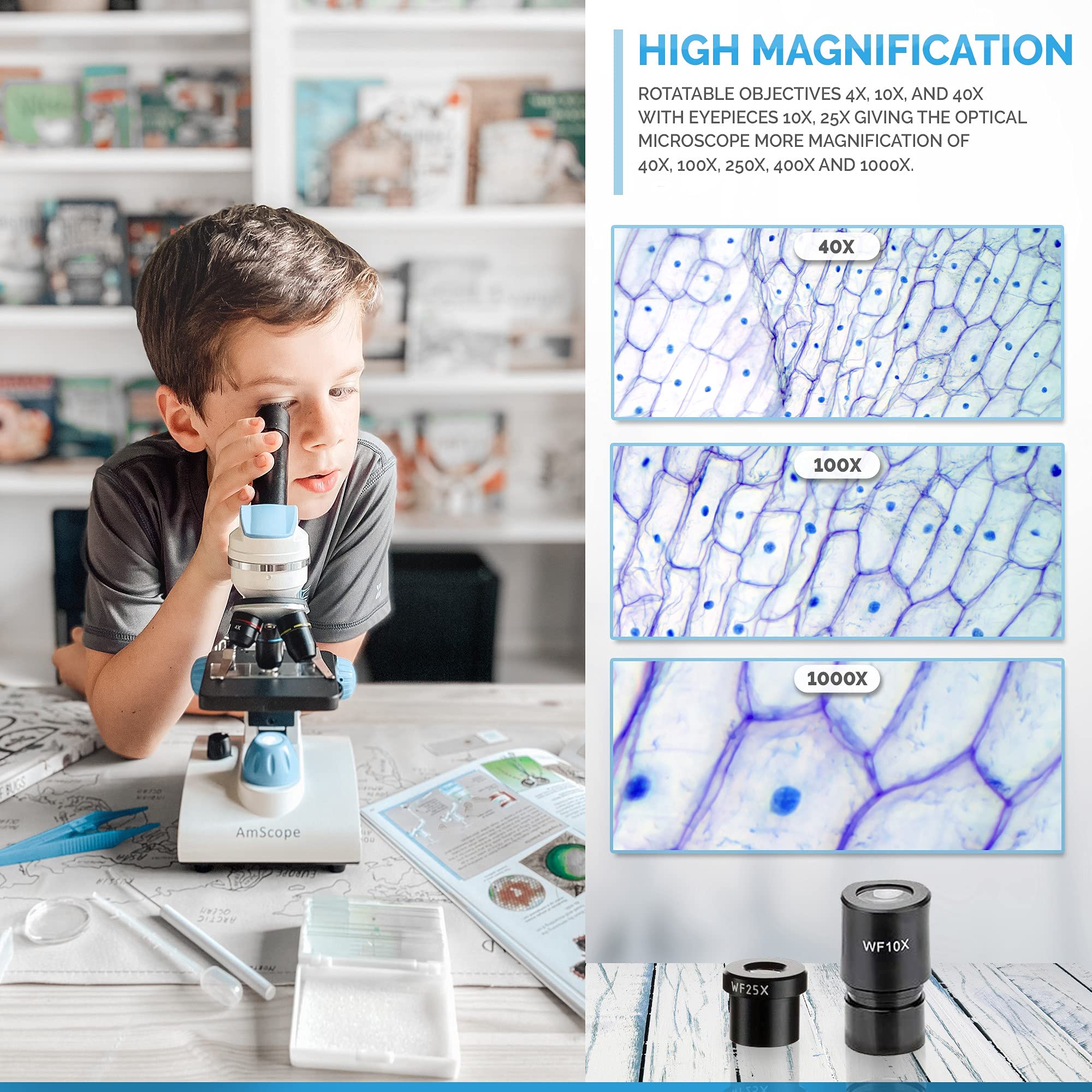 AmScope M162C-2L-PB10-WM 40X-1000X Dual LED Illumination Student Microscope Kit with Slides & Guide Book - Perfect for Kids Science Experiments, Biology Lab & Homeschool Learning - All Metal Construction in Blue