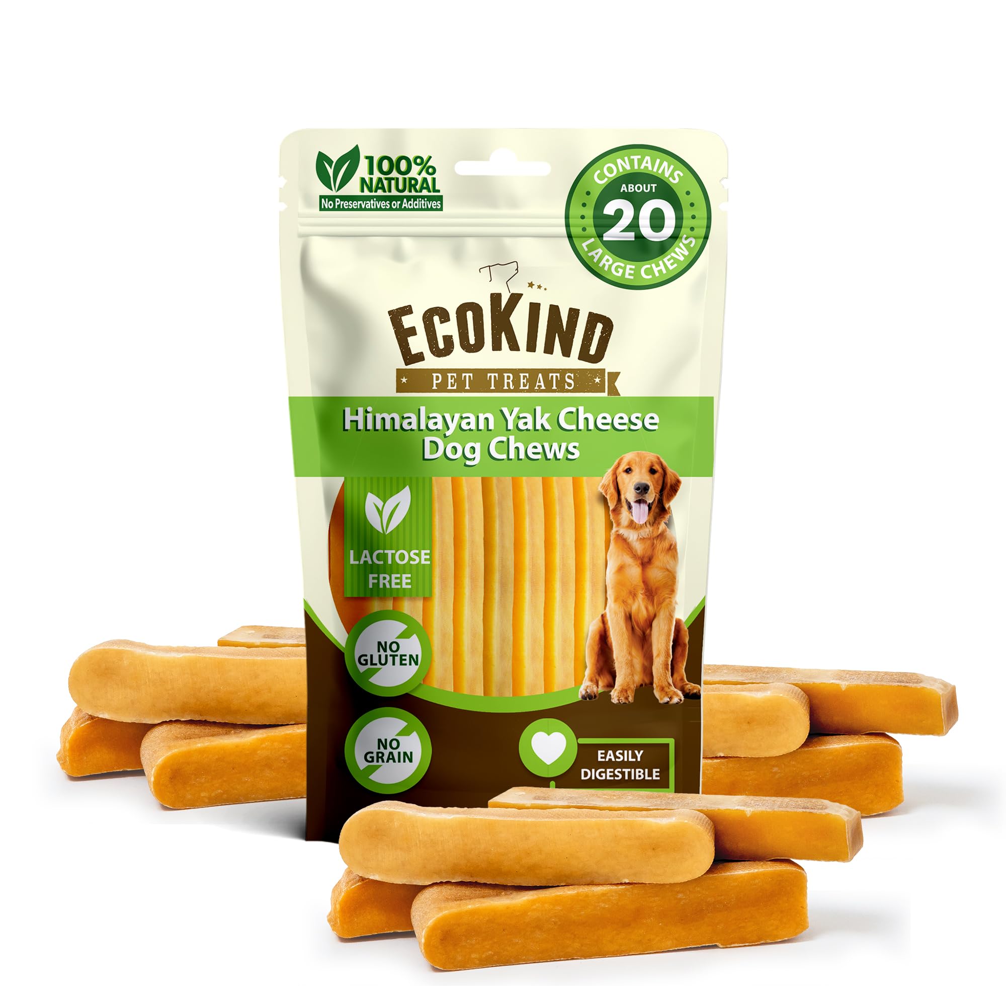 **Premium Himalayan Yak Cheese Dog Chews - All Natural, High Protein Treats for Large Breed & Aggressive Chewers - EcoKind Gold (5 lb, 20+ Chews) - Perfect for Training Rewards & Dental Health**
