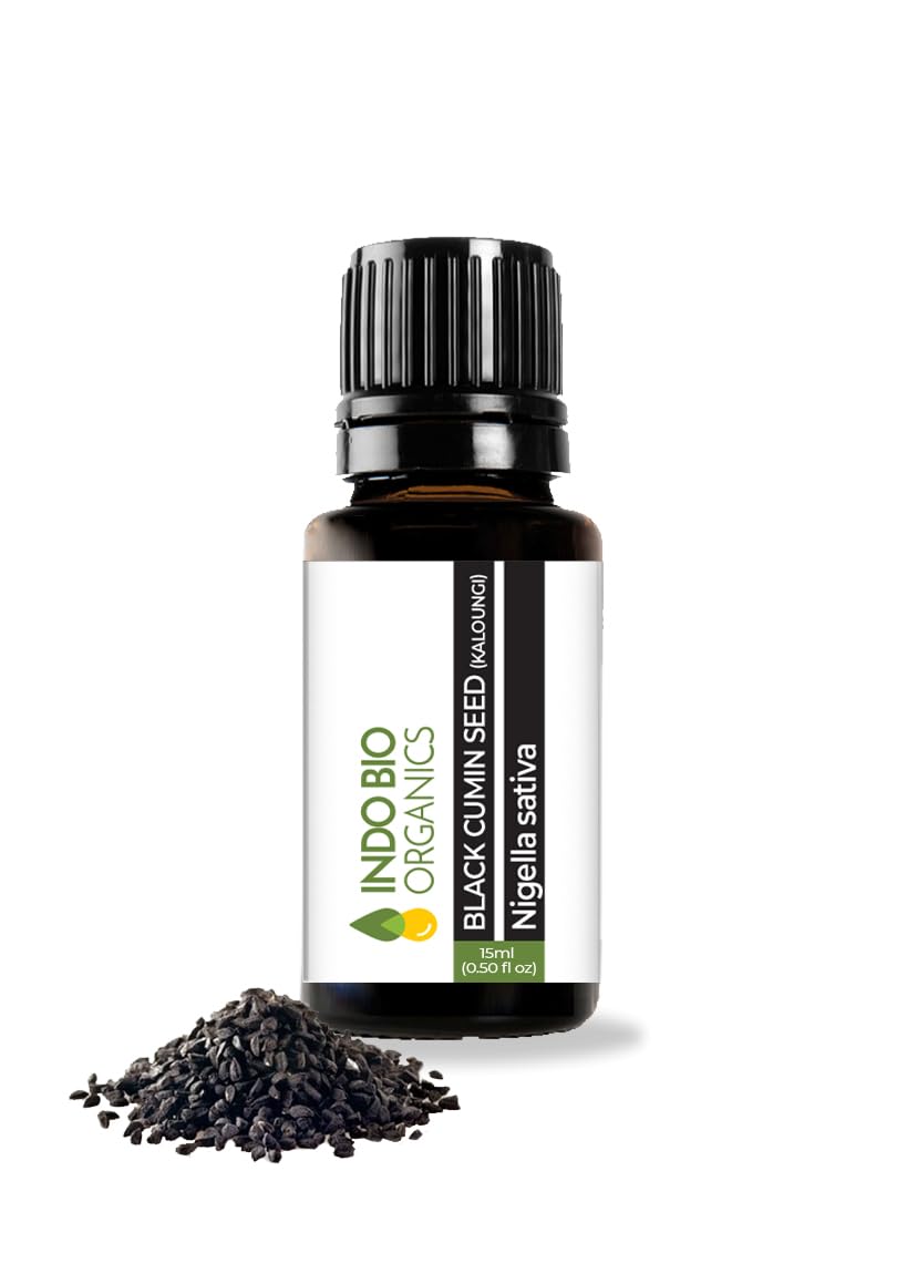 INDO BIO ORGANICS 100% Pure Cold Pressed Black Cumin Essential Oil (15ml) - Undiluted Kalonji Oil for Hair Growth, Skin Moisturizing & Stress Relief | Natural Remedy for Scalp Care, Dry Skin & Aromatherapy