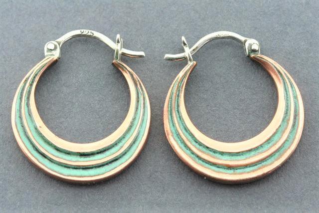 Handmade Copper & Patina Striped Basket Hoop Earrings with Sterling Silver - Perfect for Boho & Festival Fashion