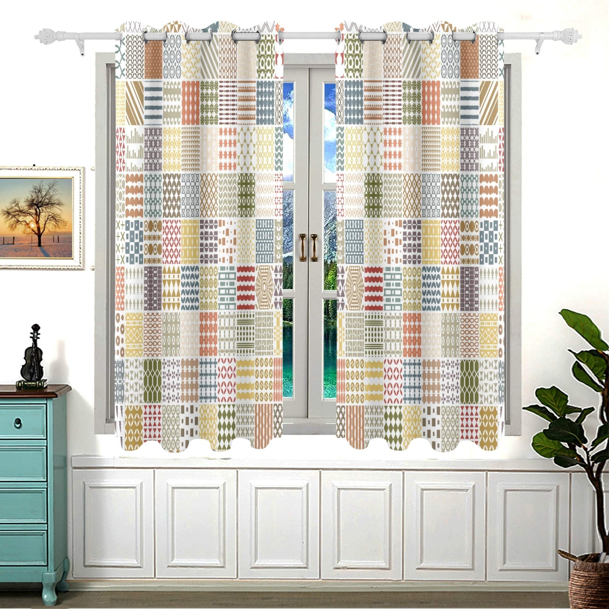 Blackout Curtains 2 Panels - MNSRUU Room Darkening Window Drapes with Grommets, 54 Inch Length, Retro Boho Pattern for Bedroom & Living Room - Perfect for Light Blocking, Privacy & Home Decor