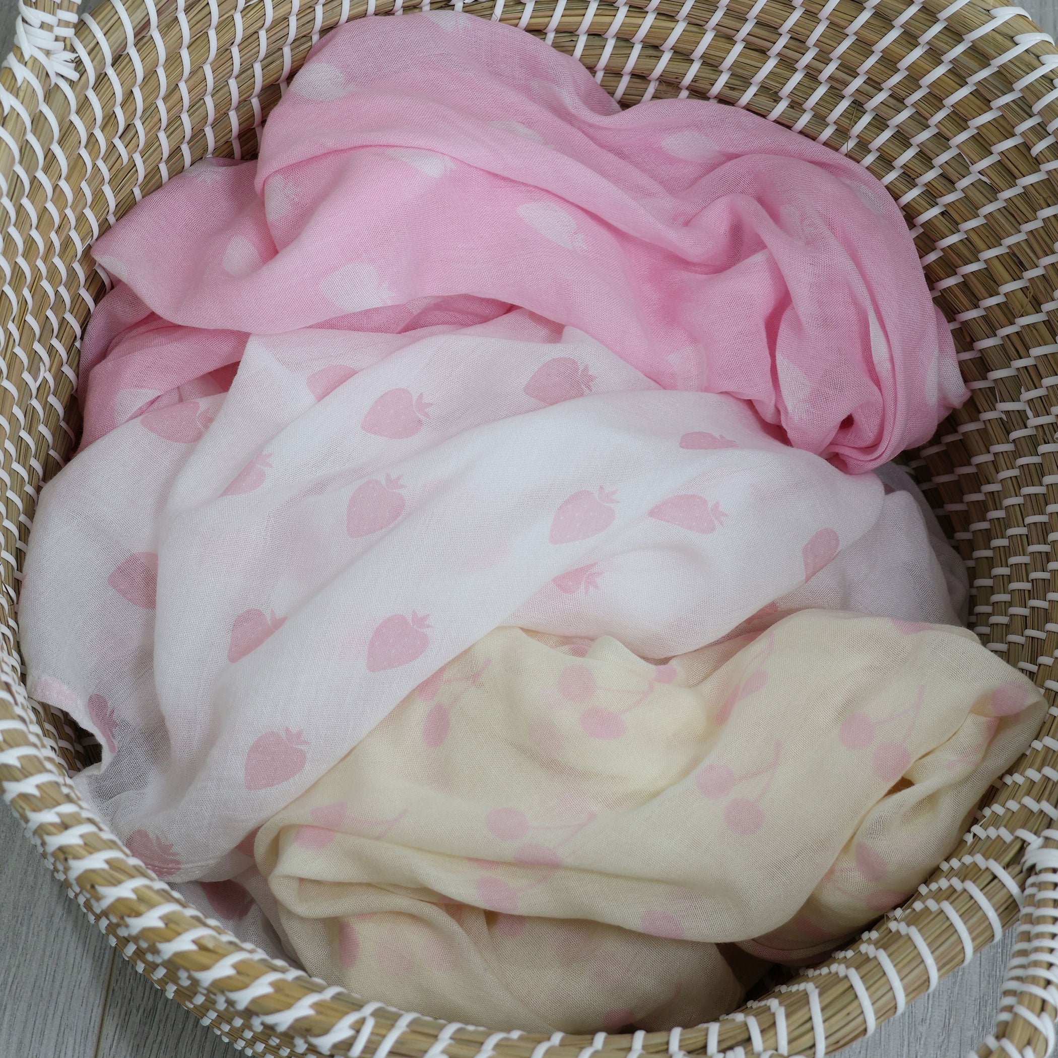 Nordic Sorbet 3-Pack Muslin Baby Swaddle Wraps - Soft Strawberry & Cherry Print - Breathable Cotton for Newborns & Infants - Perfect for Swaddling, Nursing Cover & Stroller Blanket