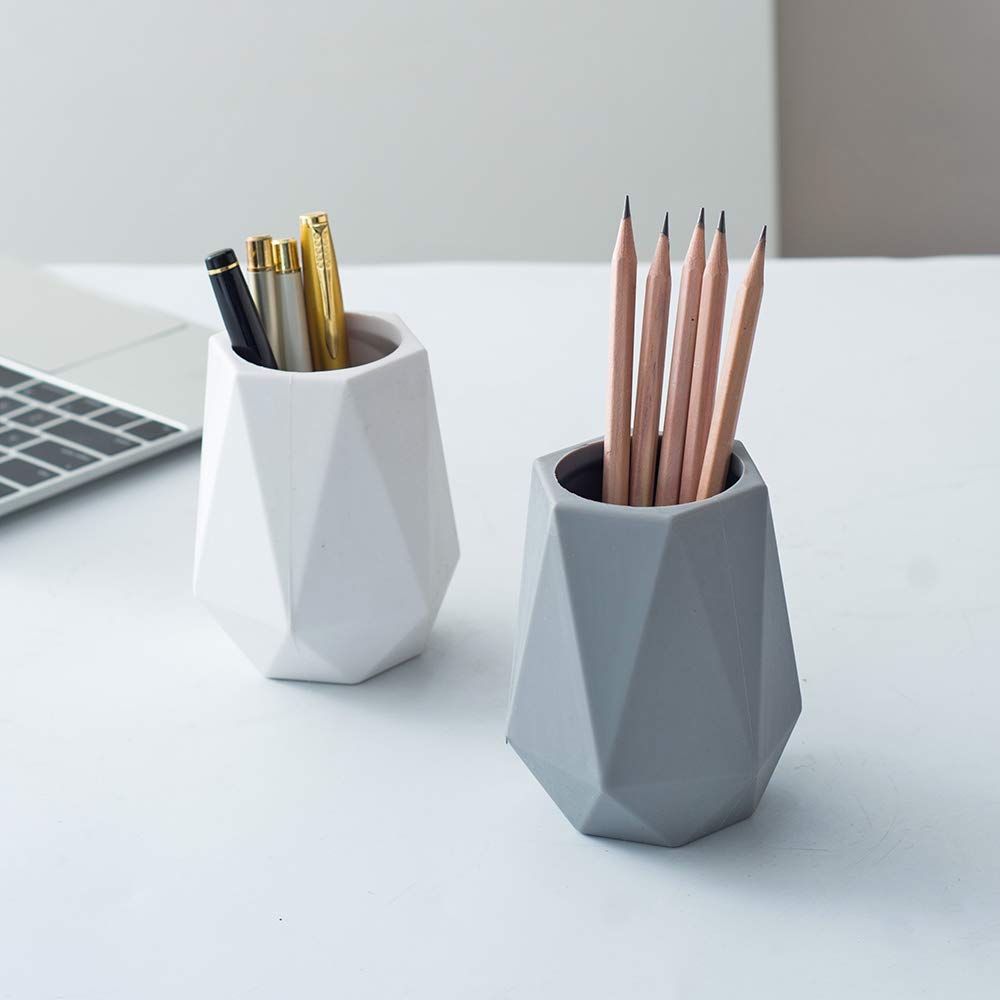 Geometric Silicone Pen Holder Stand - Cute Desktop Organizer for Pencils, Pens & Makeup Brushes - White Desk Accessory for Office, School & Home Workspace Organization