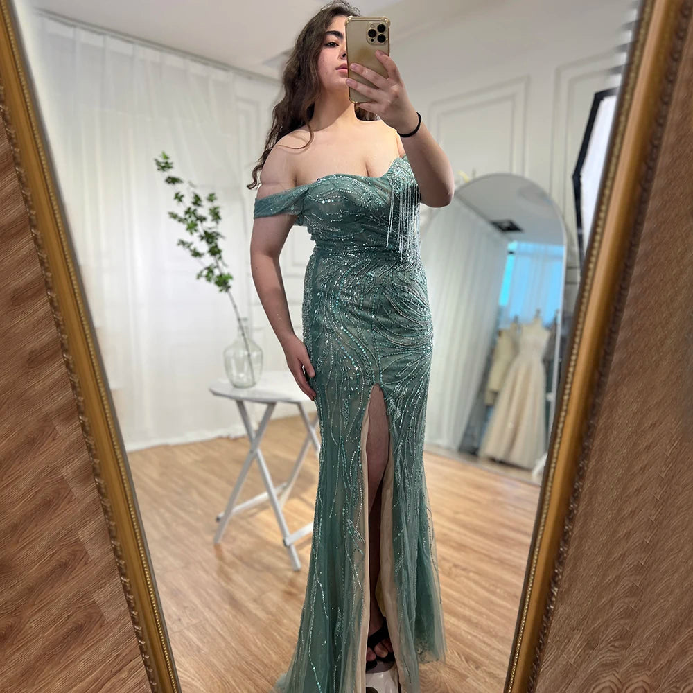 Elegant Beaded Mermaid Evening Gowns for Women 2025 - Cap Sleeve Green Luxury Party Dresses | Perfect for Prom, Gala & Formal Events - LA71438