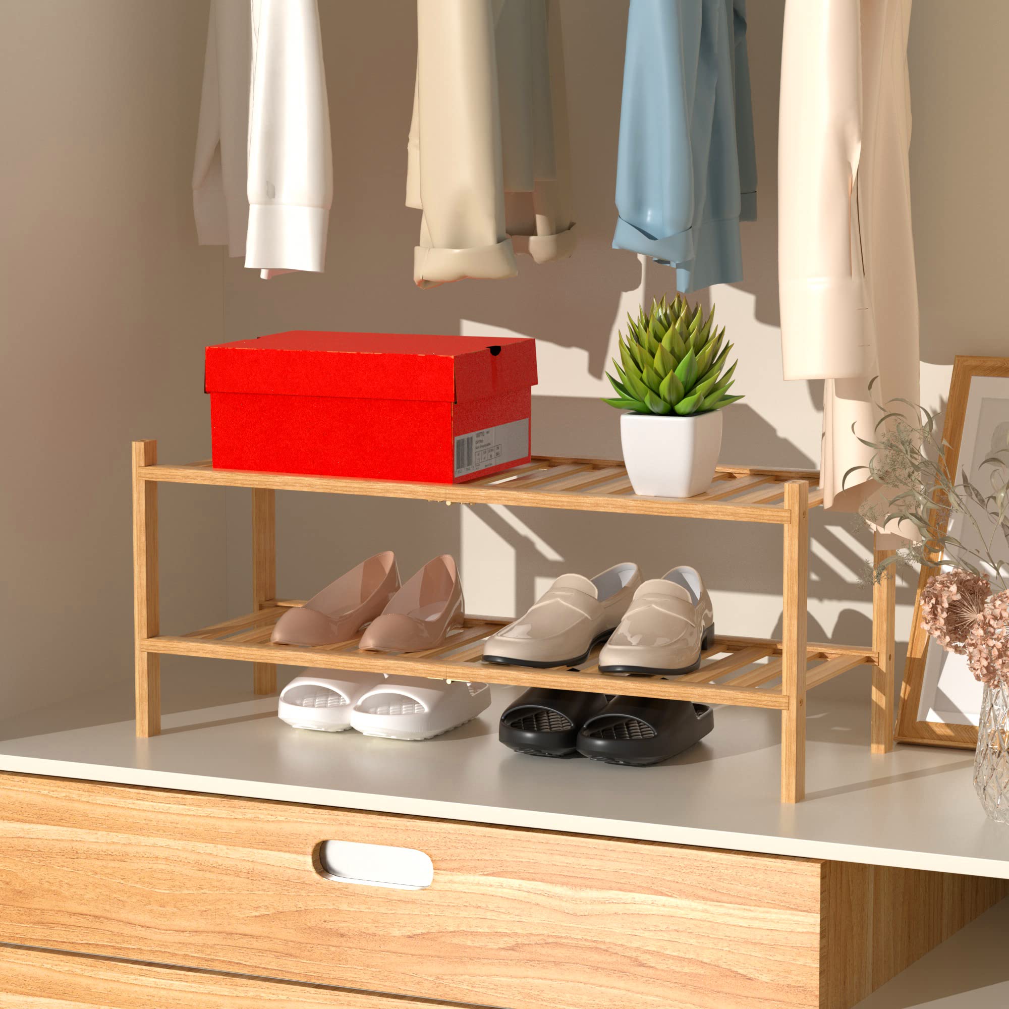 2 Tier Bamboo Shoe Rack Organizer - Free Standing Wooden Shoe Shelf for Closet & Entryway - Space Saving Stackable Storage Solution for Small Spaces - Perfect for Organizing Shoes, Bags & Accessories in Bedroom, Hallway or Mudroom