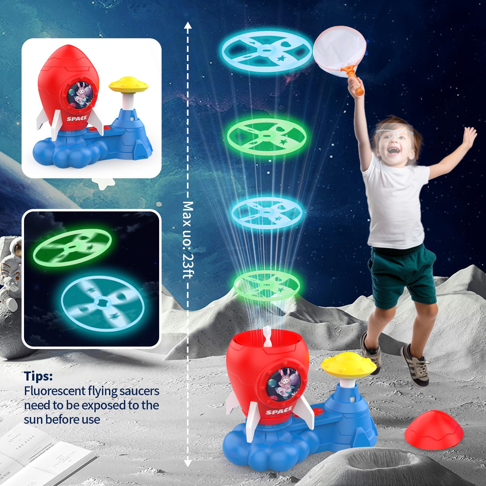 Skirfy Outdoor Flying Disc Launcher Toy Set with Glow-in-the-Dark Discs - Fun Backyard Games for Kids Ages 3-8 - Perfect Easter, Valentine's Day & Birthday Gift for Boys & Girls - Great for Family Outdoor Play, Park Activities & Summer Camp Fun