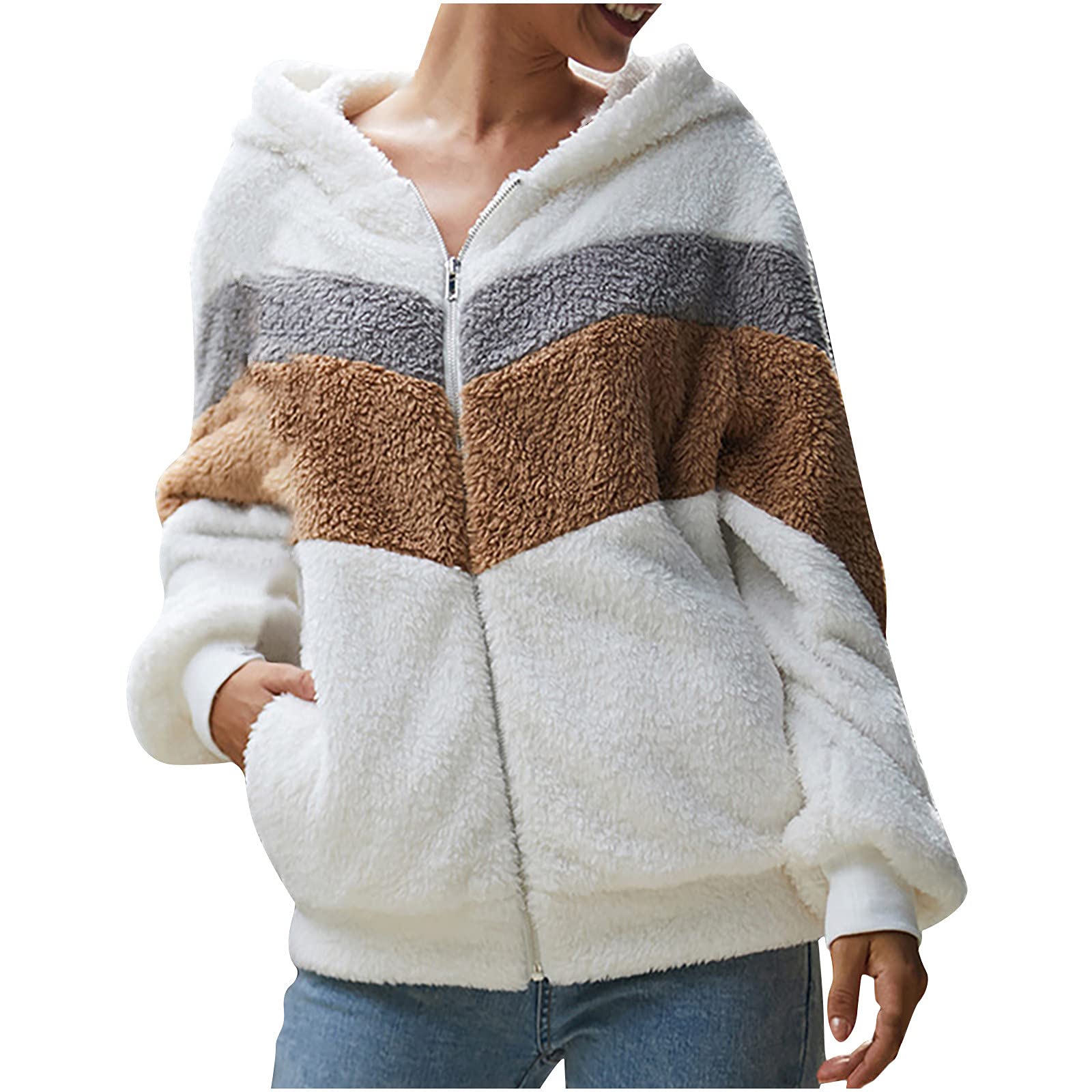 Women's Fashion Patchwork Light Jacket - Winter Plush Long Sleeve Zippered Outerwear for Cold Weather | Cozy & Stylish for Outdoor Activities, Travel & Daily Wear