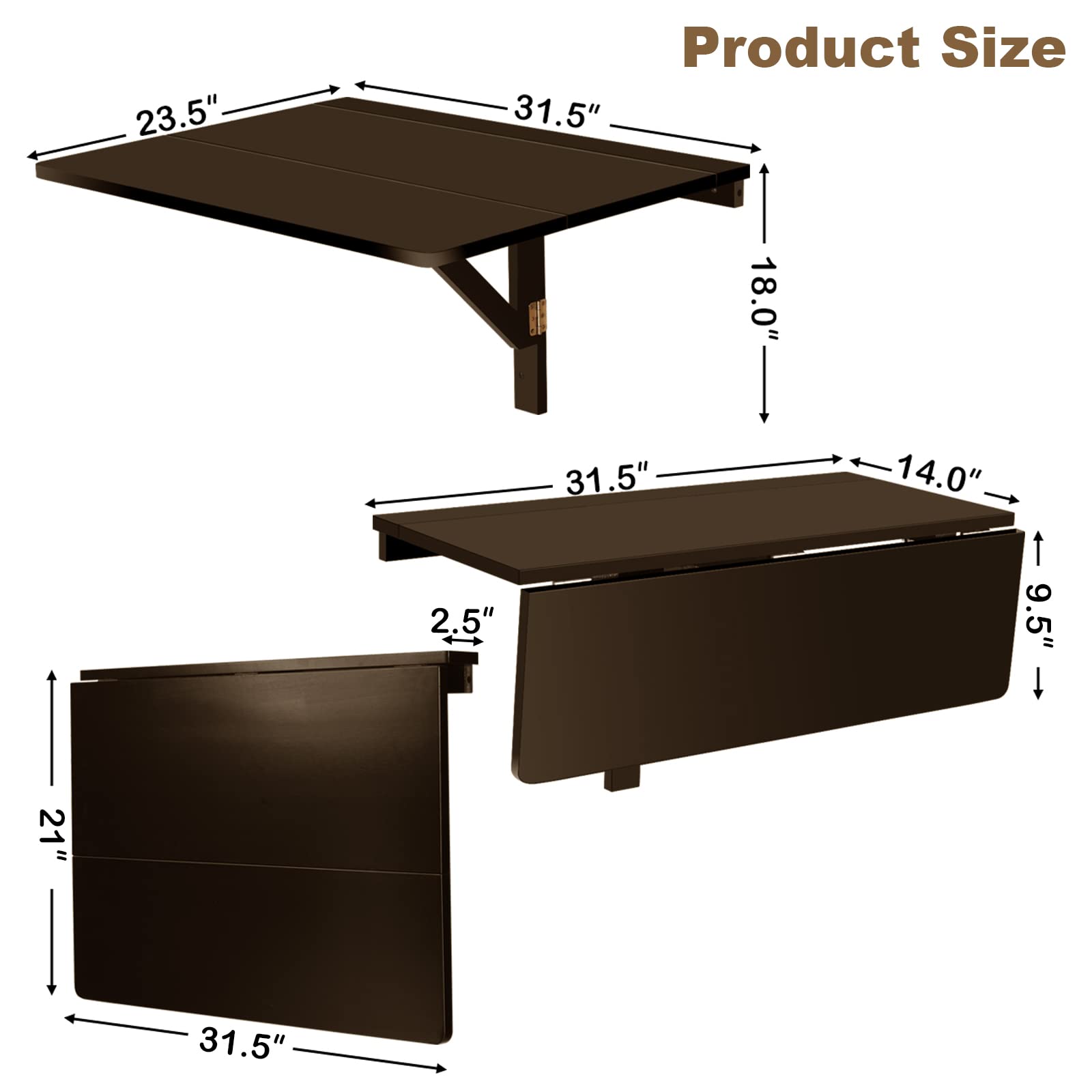 POWERSTONE Folding Wall Mounted Drop Leaf Table - Space Saving Collapsible Floating Desk for Small Spaces, Home Office, Garage, Bar, Study or Kitchen - Portable Workbench in Brown - Perfect for Apartments, Dorms & Tiny Homes
