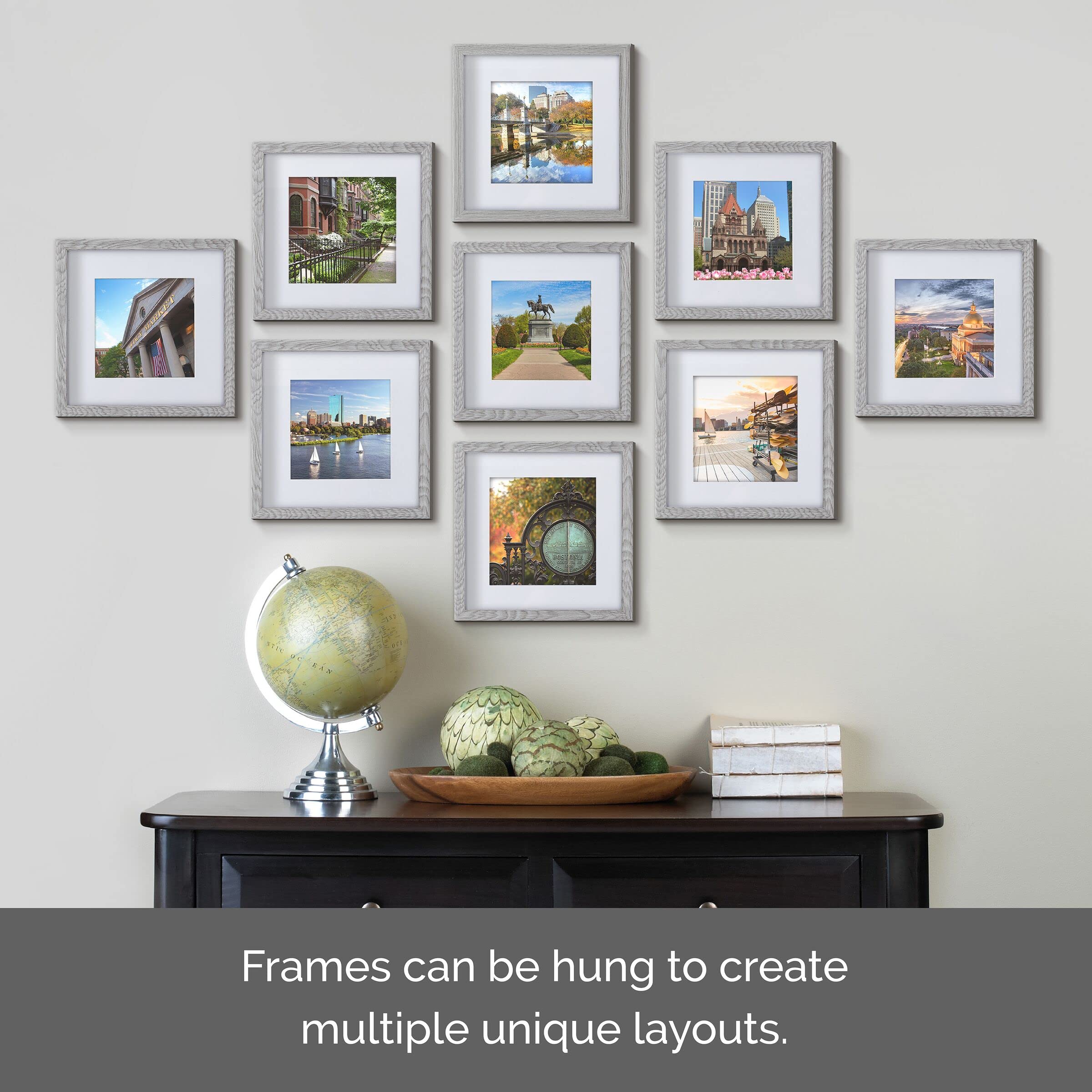 Melannco Set of 9 Gray Wood Photo Frames - 12.8 x 12.8 Inch - Holds 12x12 Photos Without Mat or 8x8 Photos With Mat - Perfect for Wall Gallery, Home Decor, and Picture Display