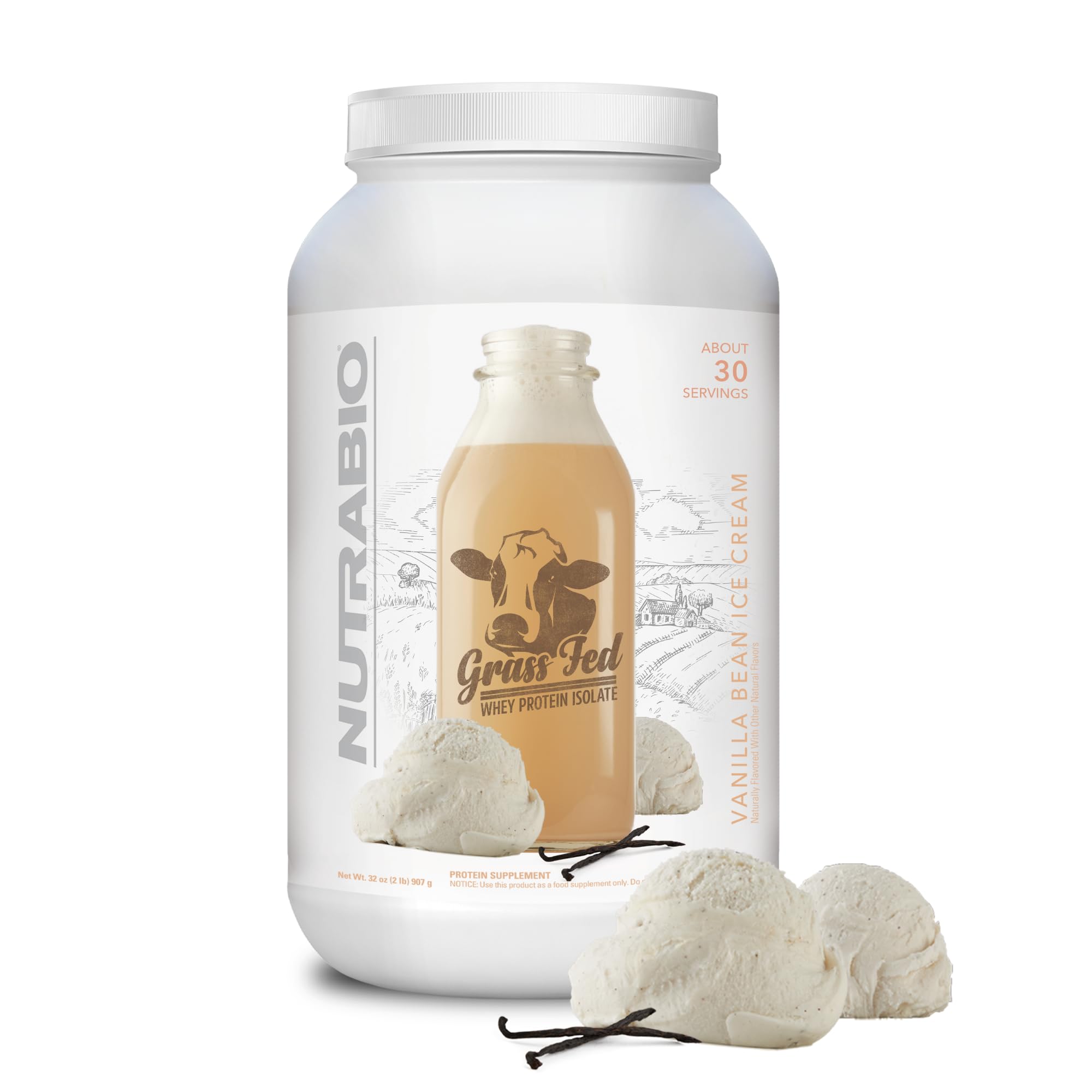 NutraBio Grass Fed Whey Isolate Protein Powder - 25G Protein Per Scoop, Sugar Free, Natural Lean Muscle Supplement - Vanilla Bean Flavor, 2LB (29 Servings) | Post-Workout Recovery & Healthy Meal Replacement for Athletes & Fitness Enthusiasts