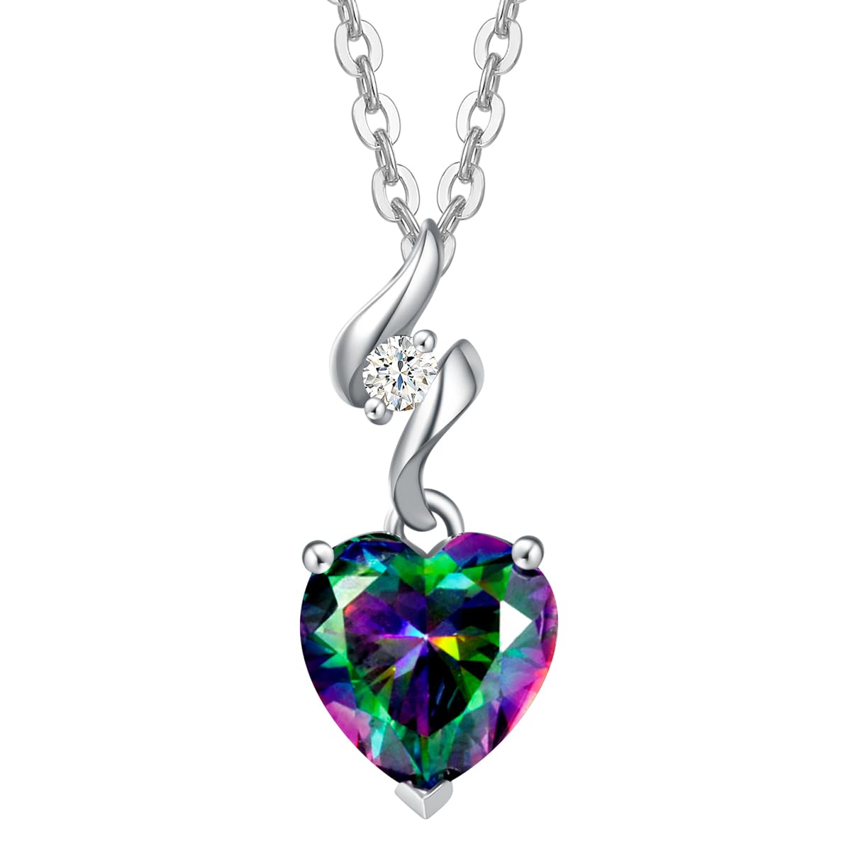 14K Solid White Gold Diamond Gemstone Pendant Necklace with Sterling Silver Chain - 8mm Heart Birthstone Jewelry for Women - Perfect Anniversary, Birthday Gift for Wife & Mom - Elegant for Weddings, Parties & Special Occasions