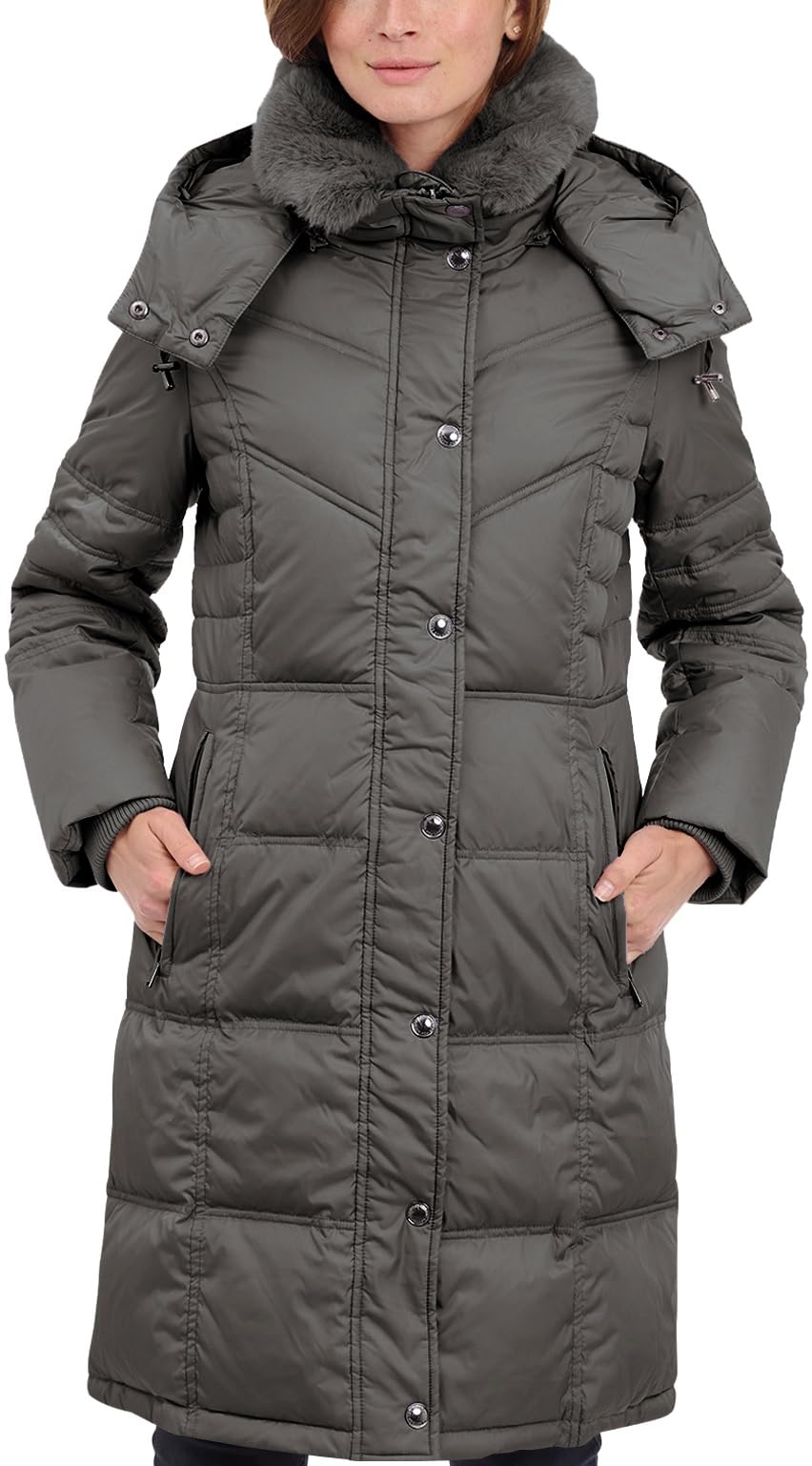 London Fog Women's Chevron Faux Fur Coat - Winter Warm Hooded Style