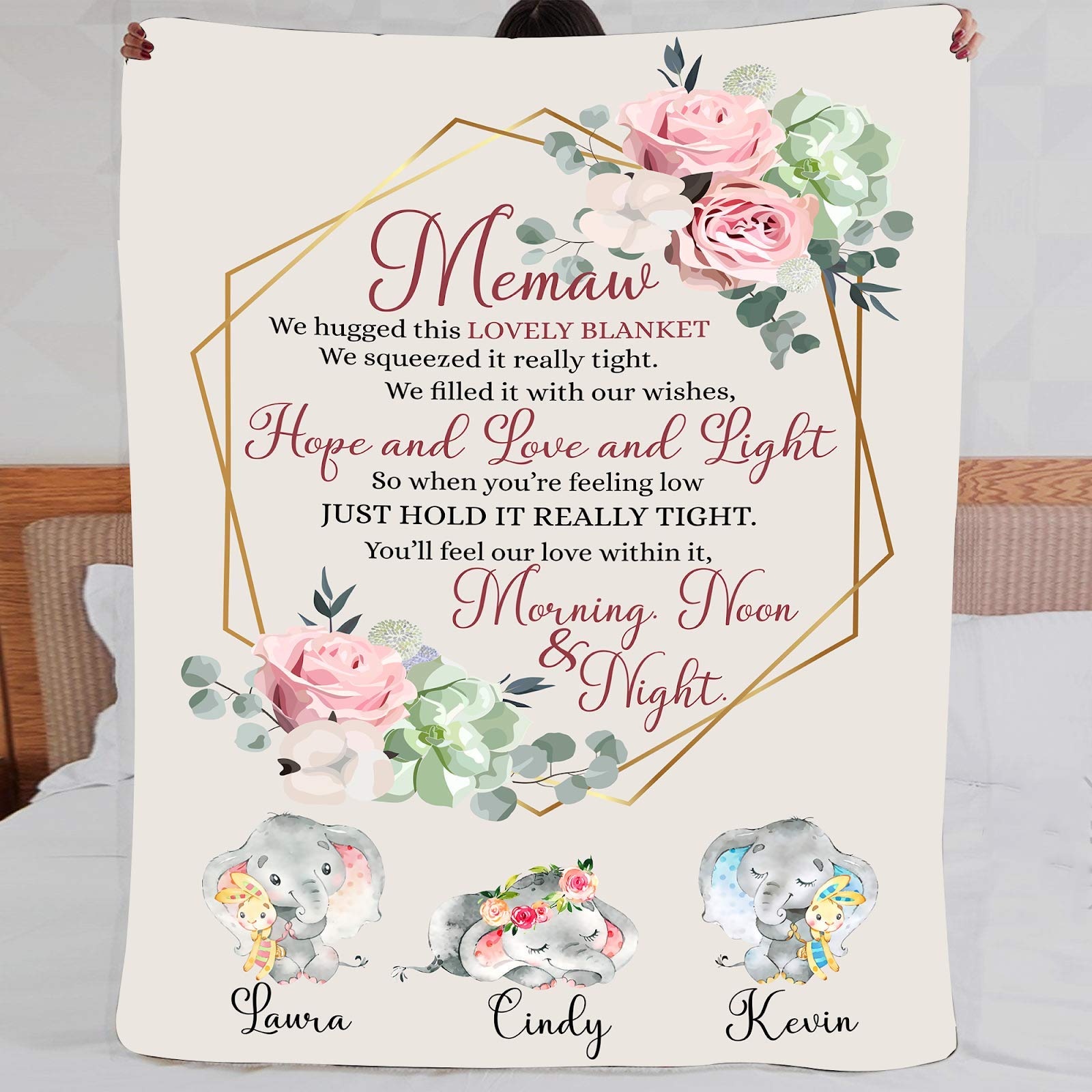 Custom Personalized Blanket for Grandma - Memaw Blanket with Elephant & Grandkids' Names | Soft Minky, Fleece & Sherpa Blanket | Perfect Gift for Mother's Day, Birthday & Family Reunions | Cozy Throw for Cuddling, Bed & Sofa
