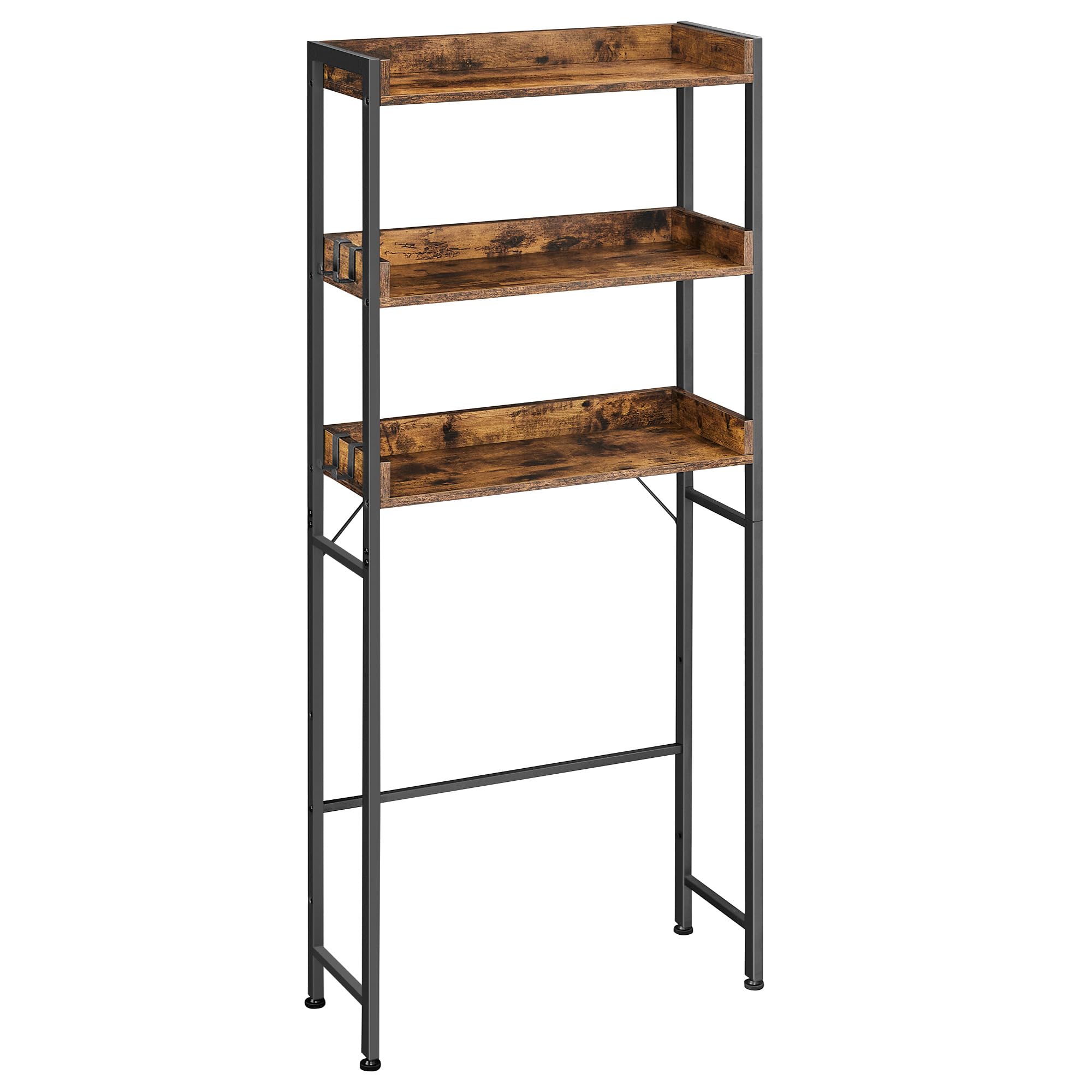 VASAGLE 3-Tier Over The Toilet Storage Shelf with 4 Hooks - Rustic Brown & Black Bathroom Organizer for Small Spaces | Perfect for Towels, Toiletries & Bathroom Essentials | UBTS002B01