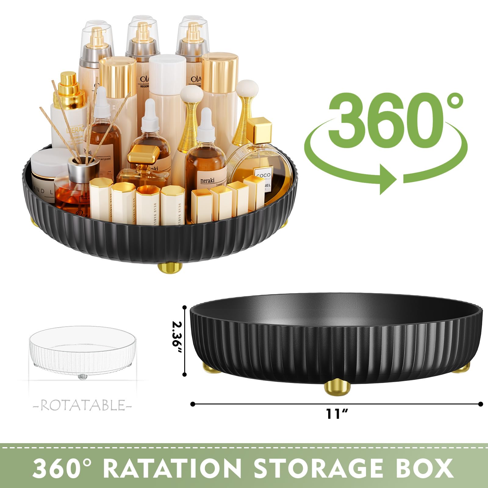 360° Rotating Makeup Organizer Tray - Large Black Lazy Susan for Bathroom & Vanity | Perfect for Storing Perfumes, Skincare Products, Cosmetics & Toiletries | Space-Saving Storage Solution for Countertops, Dressers & Beauty Stations