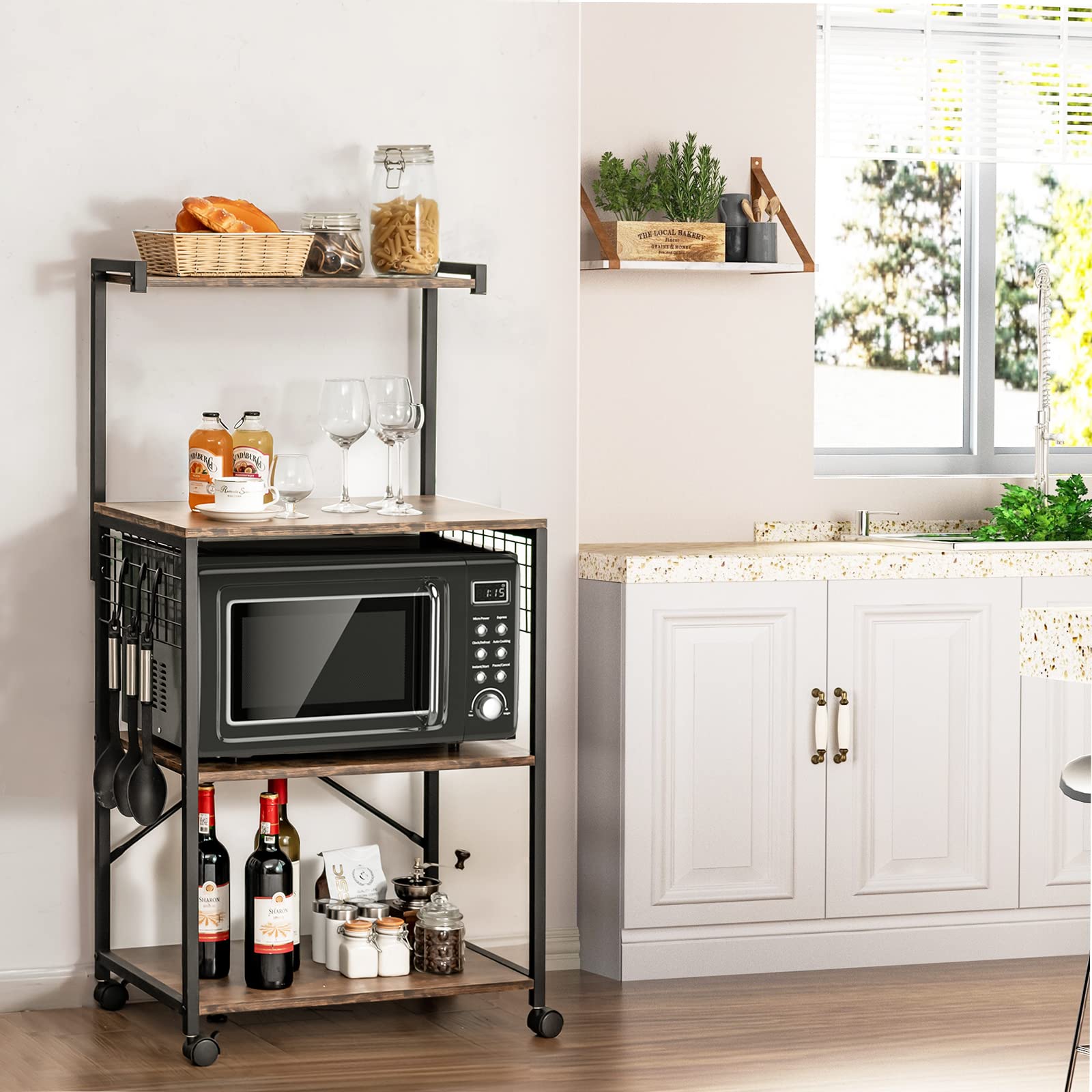 Giantex Industrial Rolling Kitchen Baker Rack with Wheels - 3 Hooks, Wood Shelves & Metal Frame - Microwave Stand, Storage Shelf for Dining Room & Pantry Organization (Rustic Brown) - Perfect for Small Kitchens, Bakeries & Home Storage Solutions