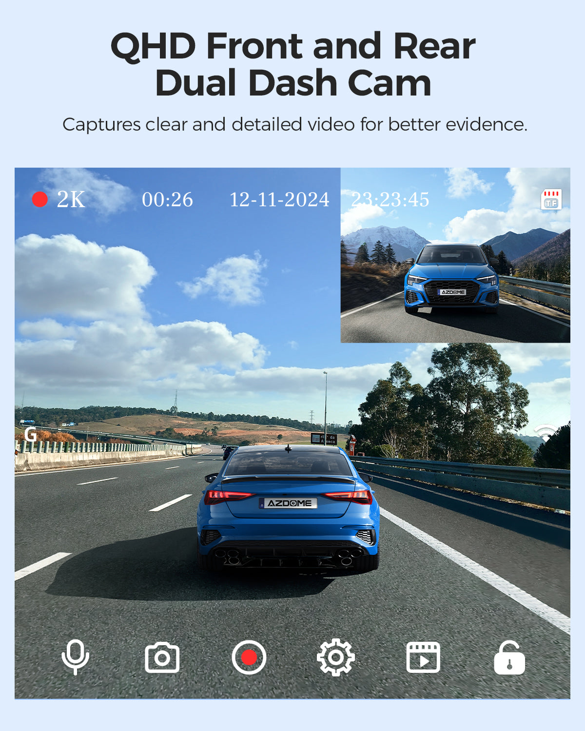 AZDOME M01 3K WiFi Dash Cam Front and Rear - Dual Car Camera with ADAS, G-Sensor & 24H Parking Mode - Perfect for Uber, Lyft Drivers & Road Trips