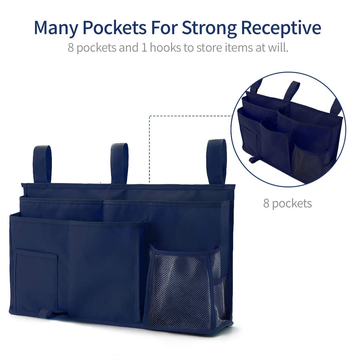 Bseash Bunk Bed Organizer - 8-Pocket Hanging Storage Bag for College Dorm, Hospital & Baby Bed Rails - 600D Oxford Cloth (Navy Blue) - Perfect for Organizing Books, Phones & Essentials in Small Spaces