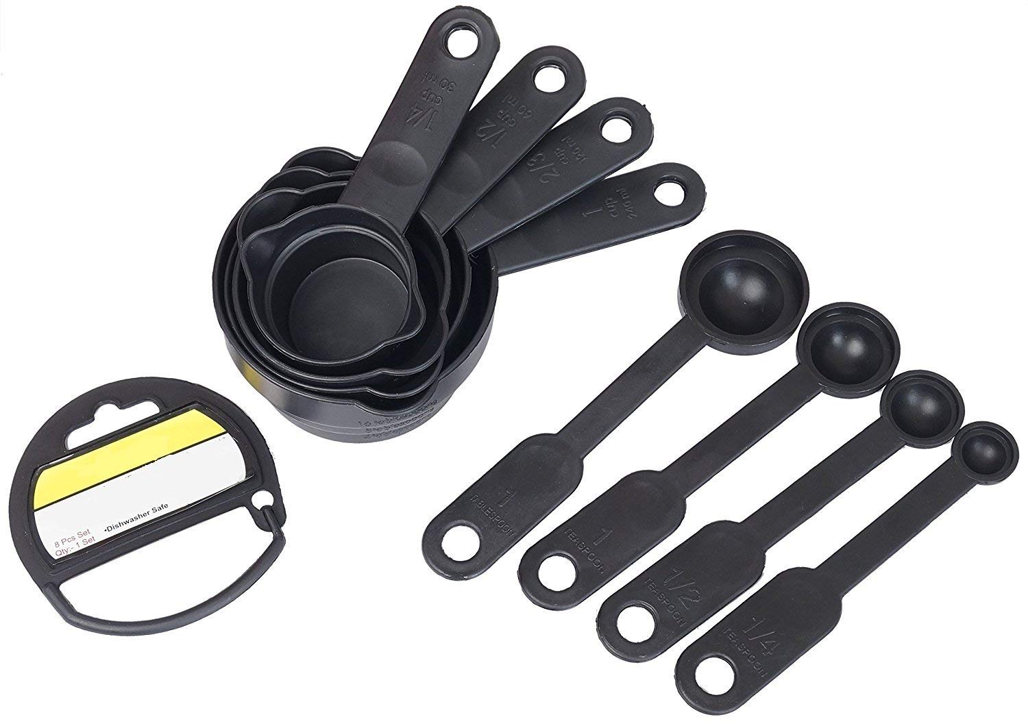 ACHARAJ 8-Piece Plastic Measuring Cups and Spoons Set - Black - Essential Kitchen Tools for Baking, Cooking & Meal Prep